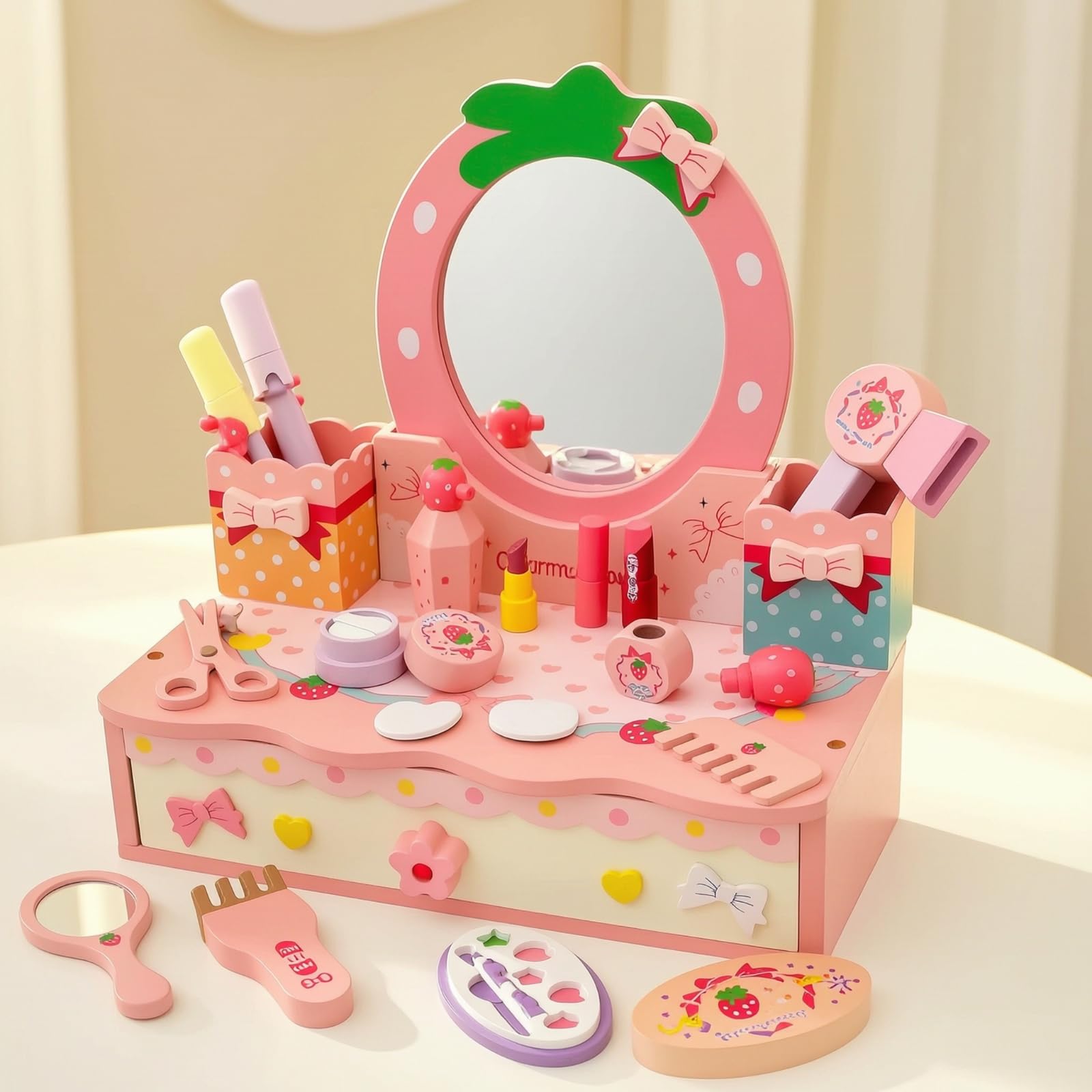 Tocador de Juego Infantil Tocador de Juguete Mesa de Maquillaje Espejo Almacenaje con Cajones Madera Robusta Tamaño de Habilidades Finas y