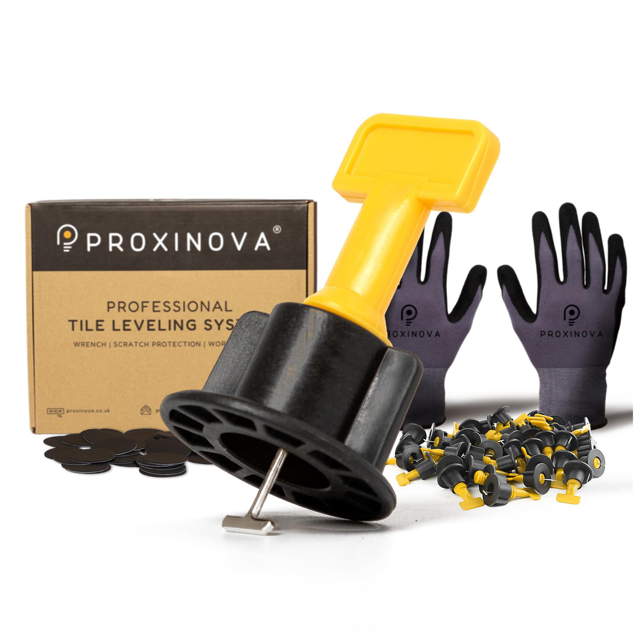 Kit Sistema di Livellamento Piastrelle Proxinova 100pcs, Distanziatori per Piastrelle, Sistema Anti-Graffio, 2 Chiavi, Guanti da Lavoro, 100 Perni