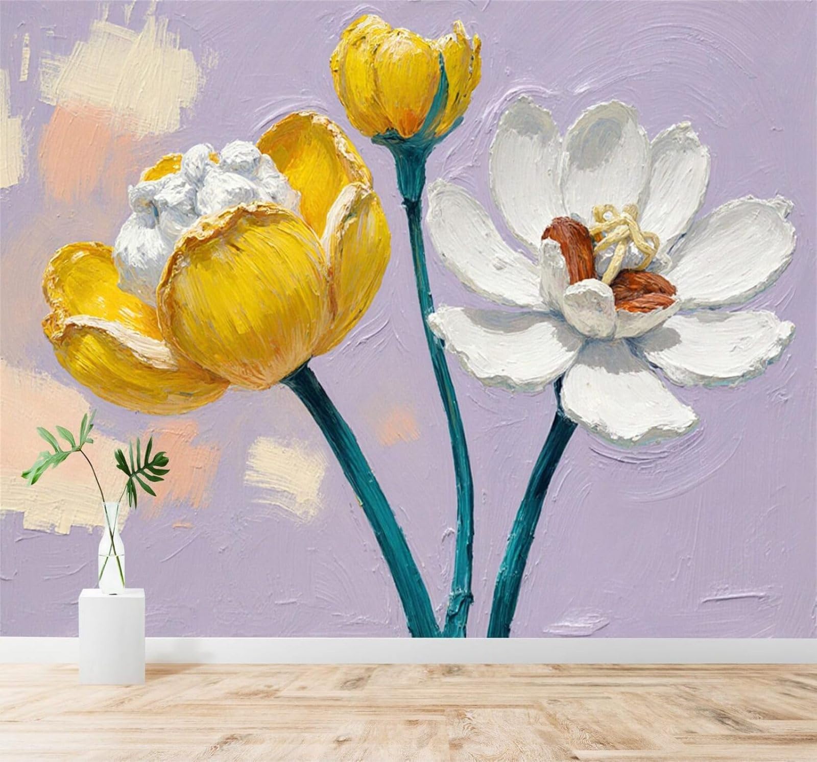 Xlming 250Cm×170Cm(B×H) Hand Drawn Yellow White Flowers Abstract Purple 3D Wallpaper Silky Texture Home Study Office Grey Dining Room Sofa Bedroom Living Room Tv Backdrop-250Cm×170Cm