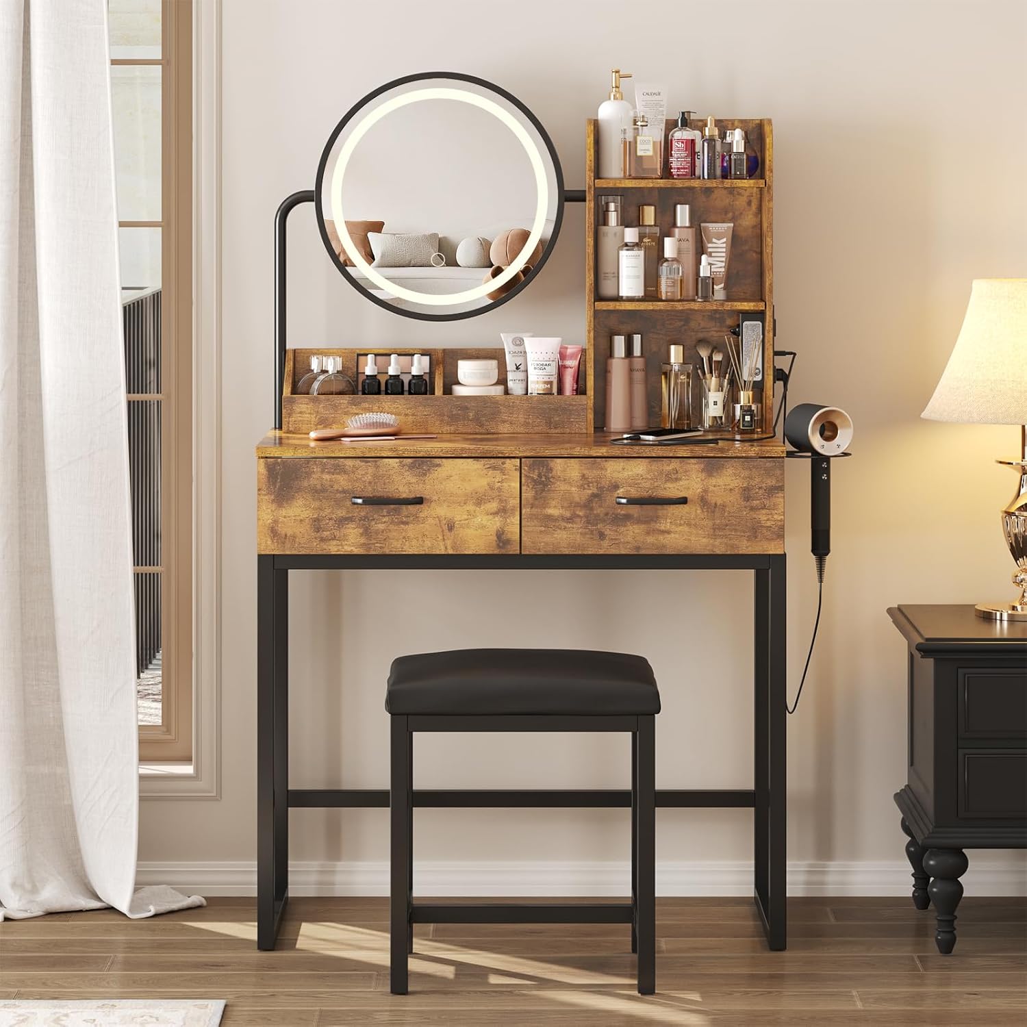 Makeup Vanity Desk with Round Mirror and Lights, Vanity Makeup Table with 2 Drawers, Small Vanity Table for Bedroom with Lots Storage (Brown with Charging, 15.75 * 31.5 * 53.6in) Brown with Charging 15.75*31.5*53.6in
