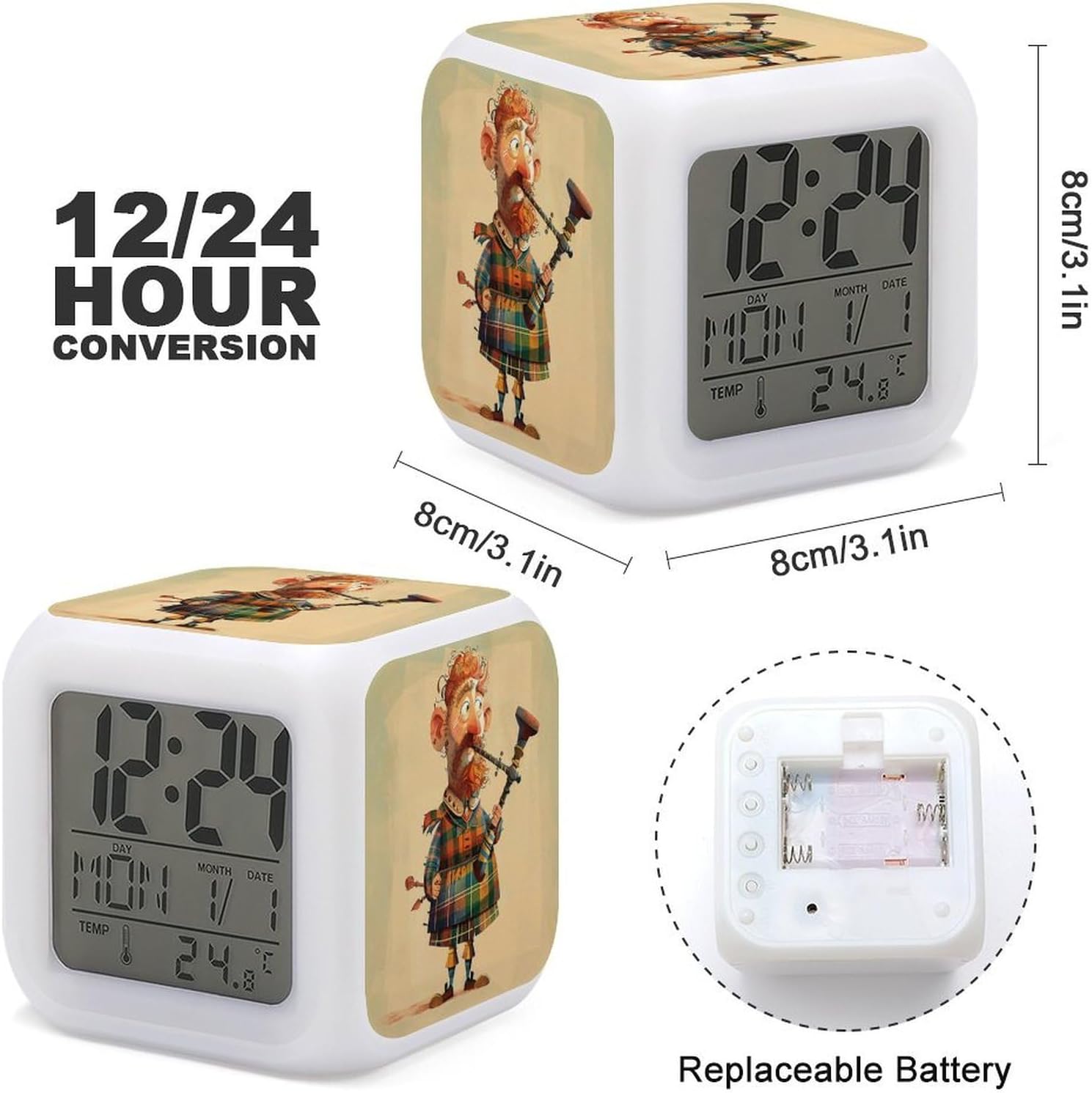 7 Color Changing LED Digital Alarm Clock,Cartoon Scottish Bagpipe Printed Wake-up Clock with Temperature Display Home Decoration Alarm Clock for Bedroom Office