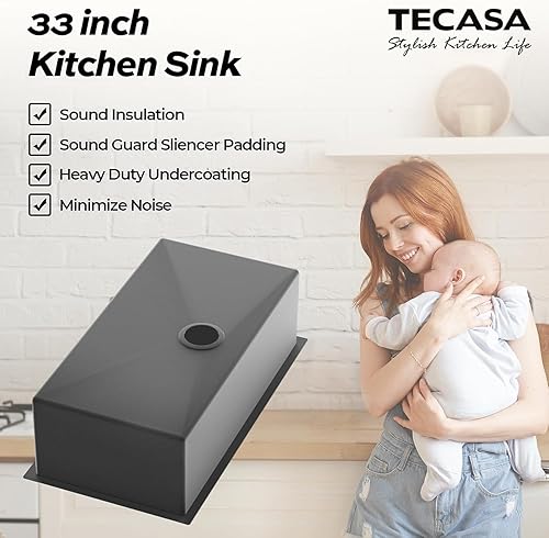 Miniatura 3 de TECASA Fregadero de cocina de 33 pulgadas, fregadero de montaje inferior, fregadero de acero inoxidable de calibre 16 con rejilla de fregadero y