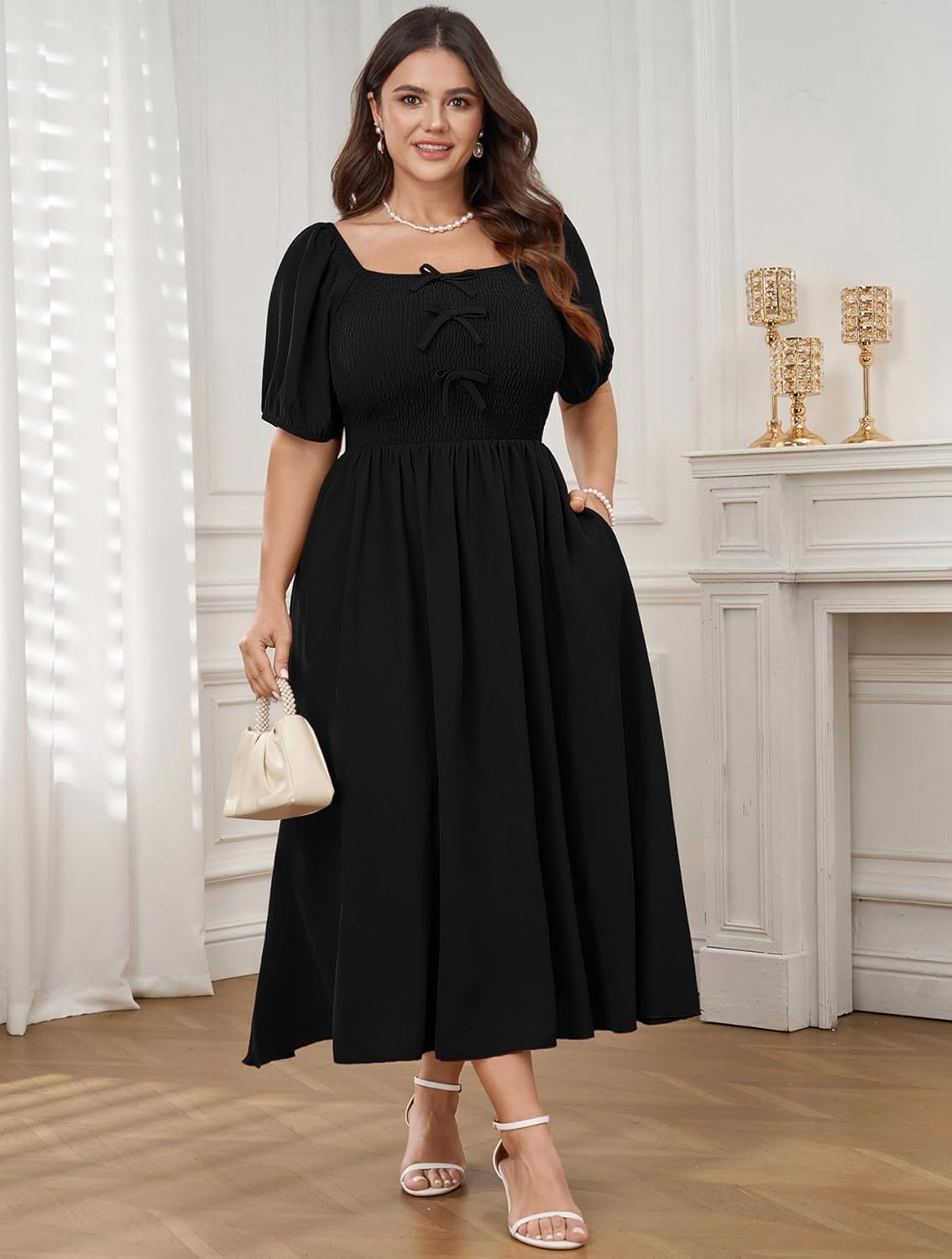 SCOMCHIC Women's Plus Size Cocktail Dress Milkmaid Bow Front Short Sleeve Square Neck Smocked Wedding Guest Maxi Dress - Image 2
