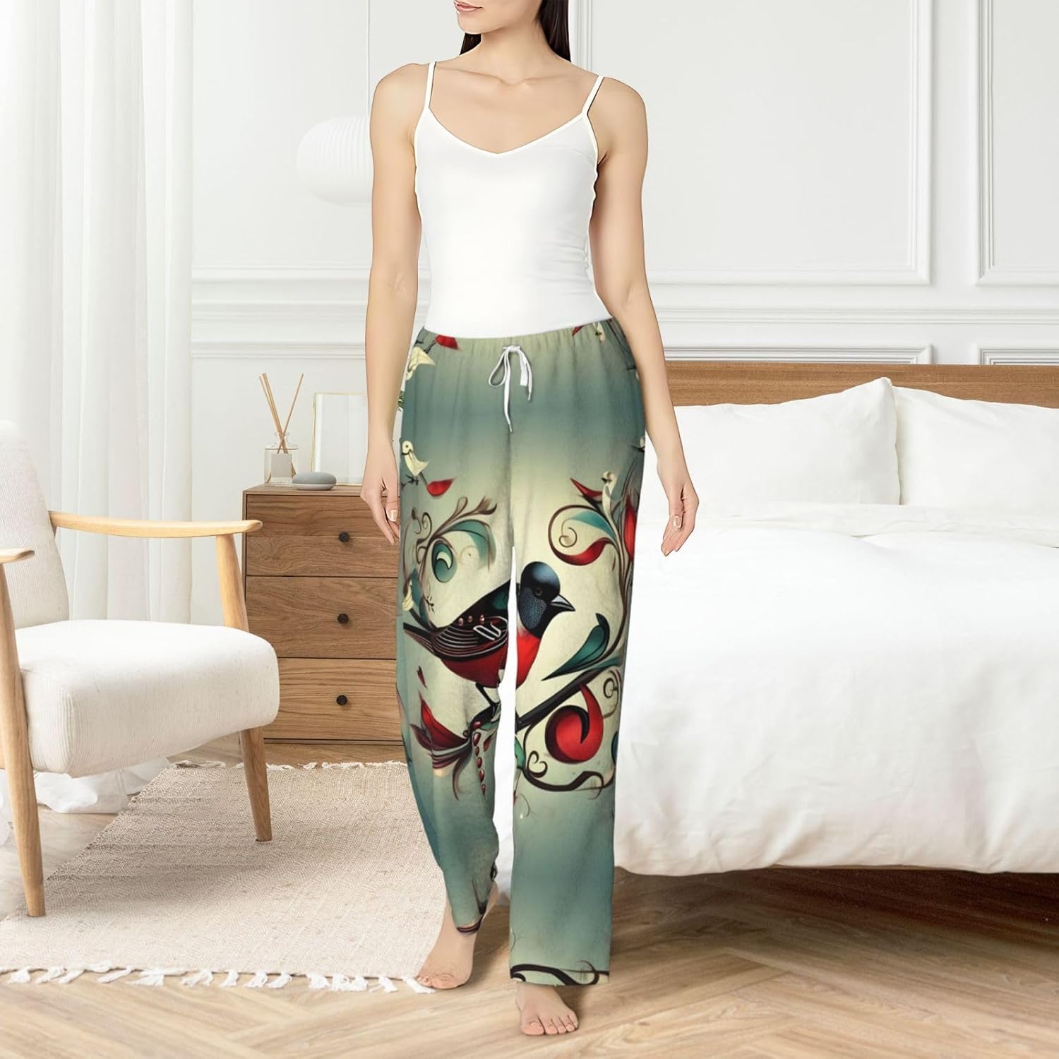 Teal Birds Musical Note Print Cozy Women'S Flannel Pajama Pants,Perfect For Christmas And Everyday Comfort