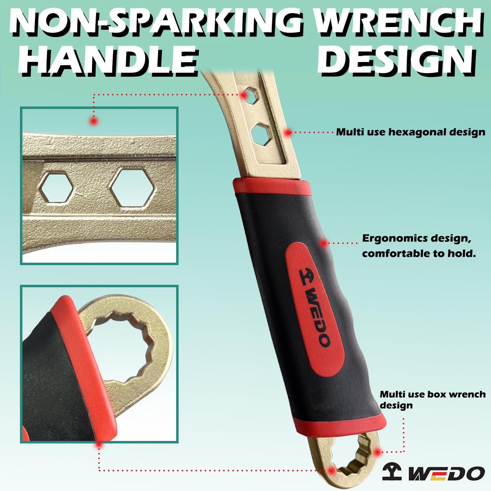 WEDO Llave ajustable sin chispas con mango de plástico, tamaño 36 x 300 mm, llave ajustable multifuncional de seguridad sin chispas de 12 pulgadas, bronce de aluminio, estándar DIN, certificado BAM y
