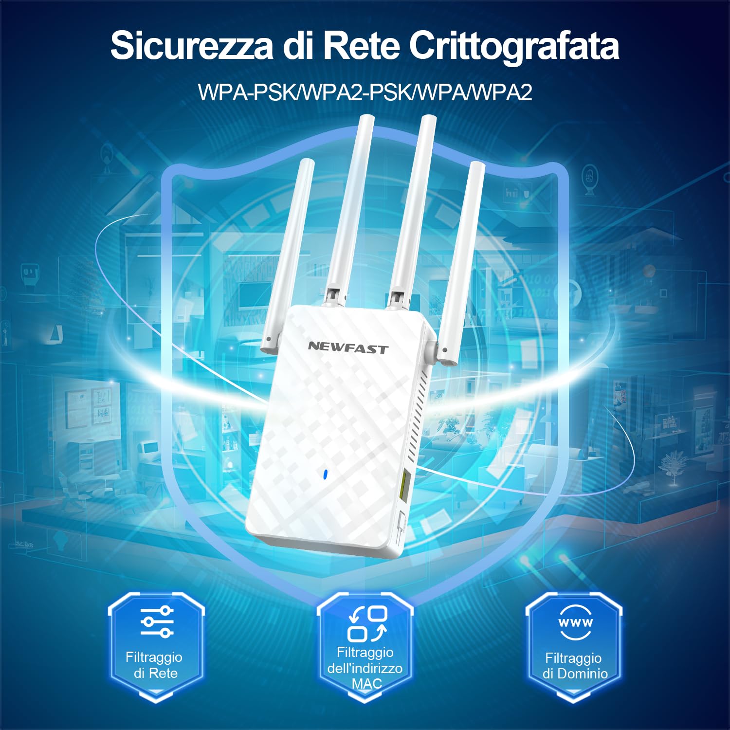 NEWFAST Ripetitore WiFi Potente per Casa, Extender WiFi Potente 2.4GHz N300 Amplificatore Wi-Fi con 4 Antenne ad Alto Guadagno, Porta LAN, Supporta 4 Modalità, WPS Funzione