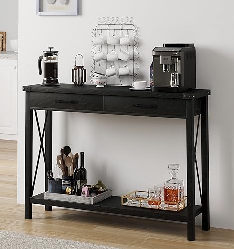 Miniatura 4 de Amyove Mesa consola negra con 2 cajones mesa de sofá de 2 niveles con estante de almacenamiento mesa de entrada de madera para sala de estar Kichen