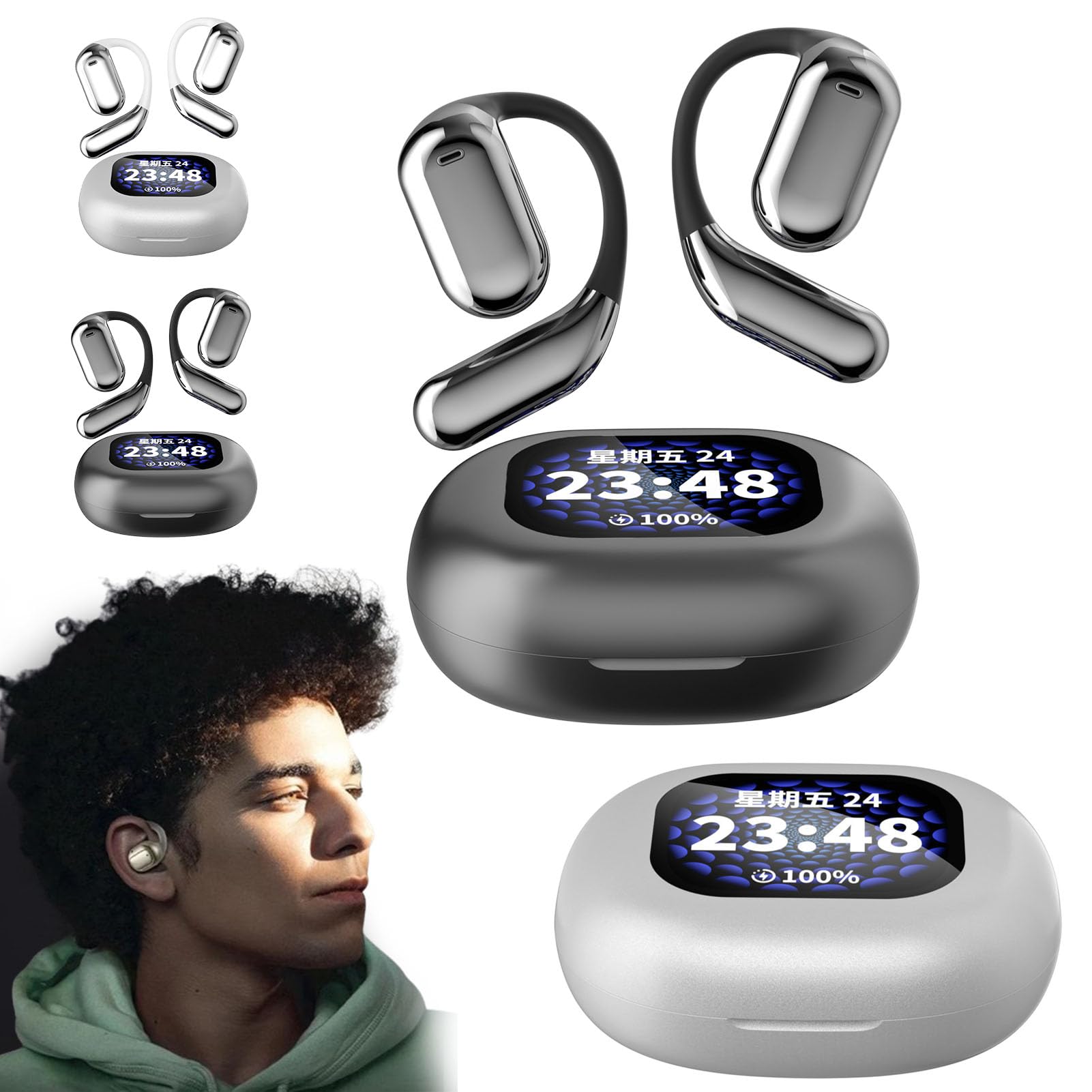 Intelligent Touch Screen Open Bluetooth Earphones, Erazers True Wireless Open Ear Earbuds Bluetooth 5.4, IPX5 Waterproof, with LED Display, Wireless