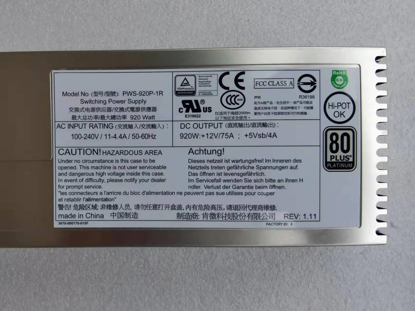 Fuente de alimentación redundante PWS-920P-1R 920W 1U 80 Plus Platinum 1U Fuente de alimentación redundante for Fuente de alimentación de Servidor