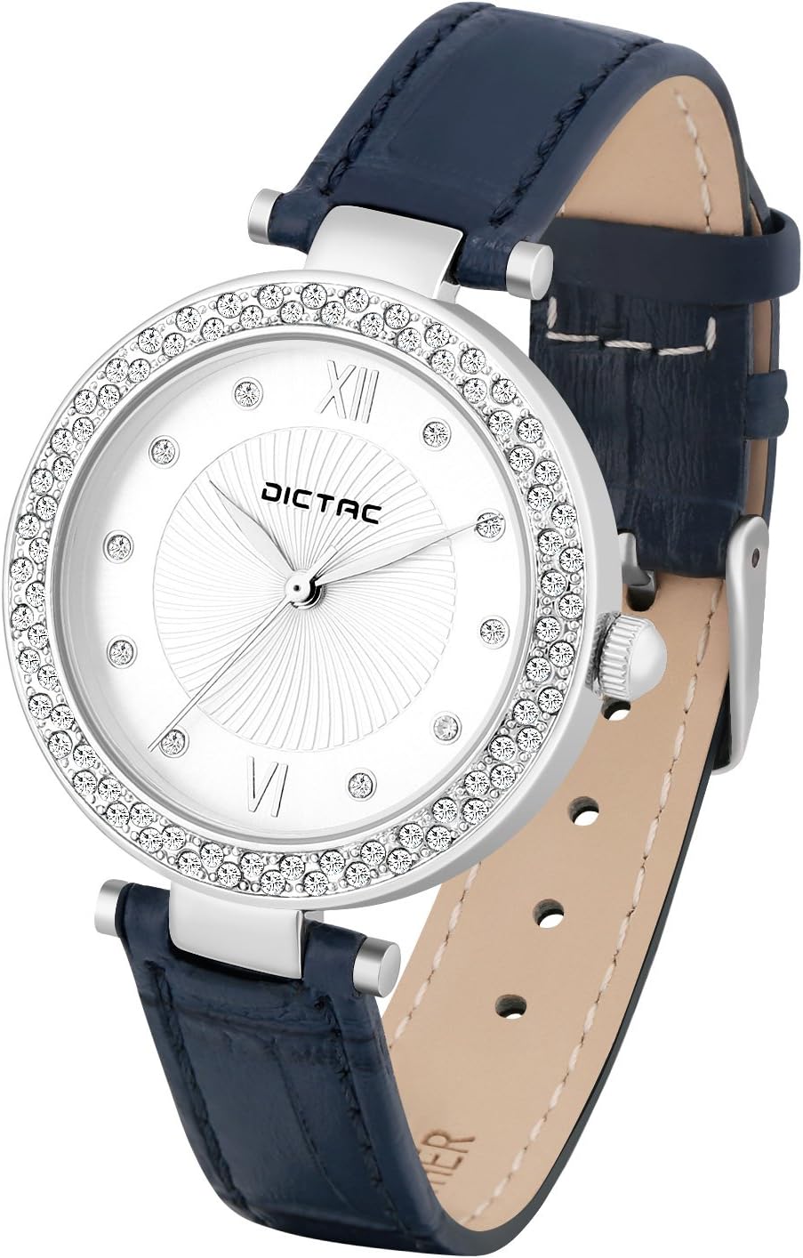 Dictac Watch for Ladies Women with Calf Leather Band & Diamond Face Fashionable Wrist Watch Gold Silver Dark Blue Black (Model 139323)