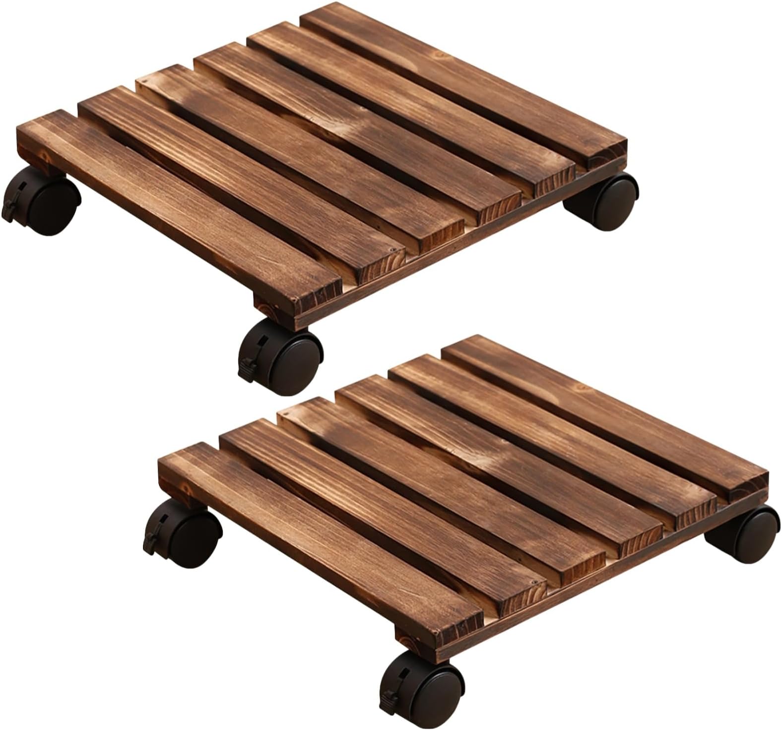2 PCS Plant Caddy with Wheels, Square Wooden Plant Stand with 4 Rotating Casters, Rolling Plant Stand for Large Planters Flower Pots, Easy to Move, Home and Office Use, 11.8 x 11.8 x 2.8 in