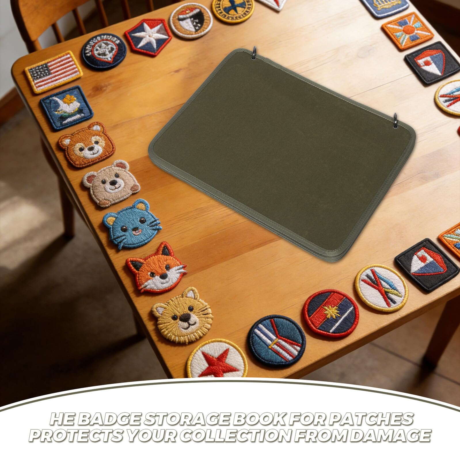 Abaodam Album Porte-Badges Brassard 42 X 32 Cm Vert Olive, Organiseur à Patchs avec Pages Double-Face à Scratch, Dossier de Collection Pliable Usage et Voyage