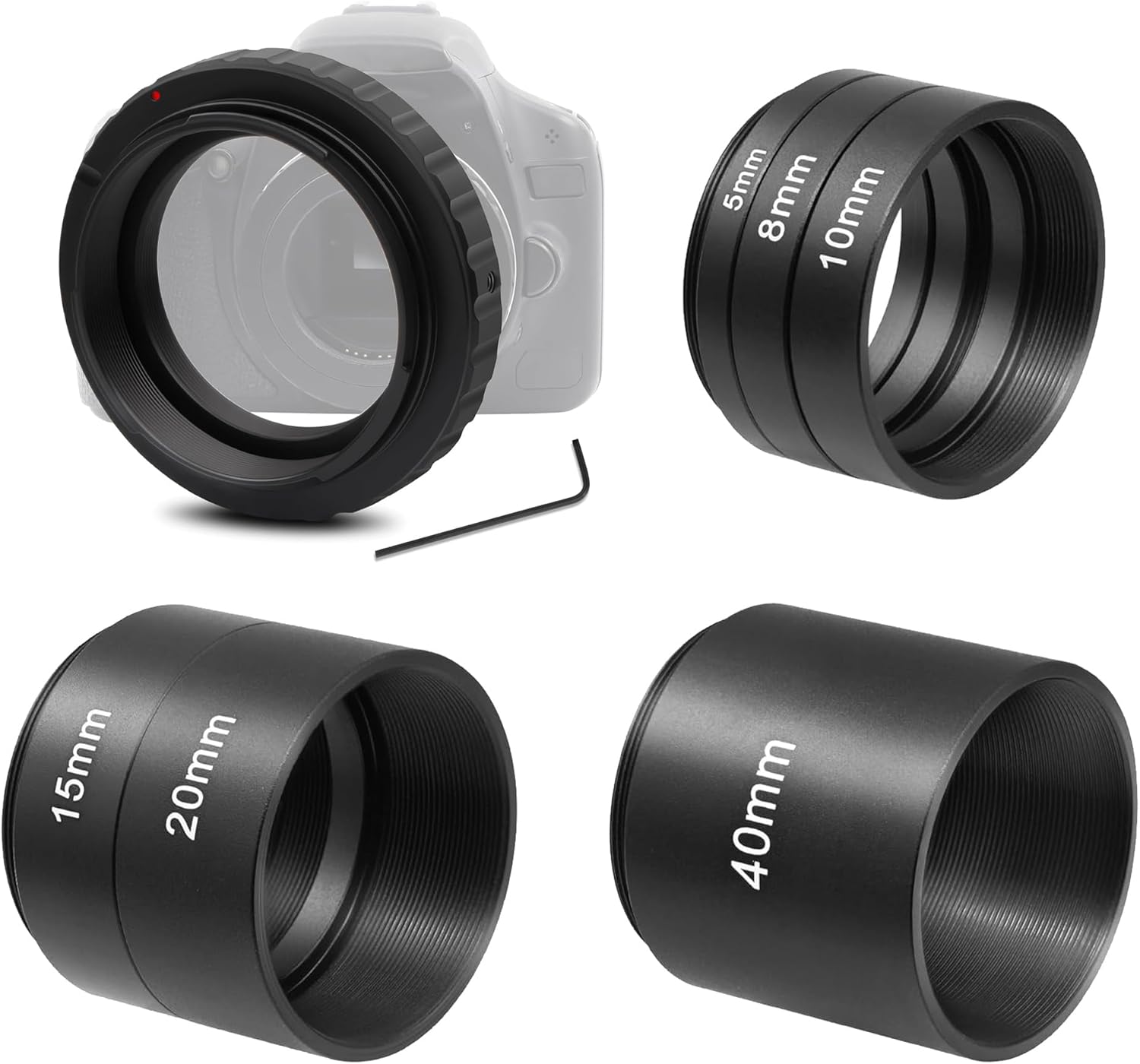 Astromania Metal T-Ring Adapter for Canon EOS DSLR/SLR - Bundle with - T2-Extension Tube Kit 5 8 10 15 20 40mm