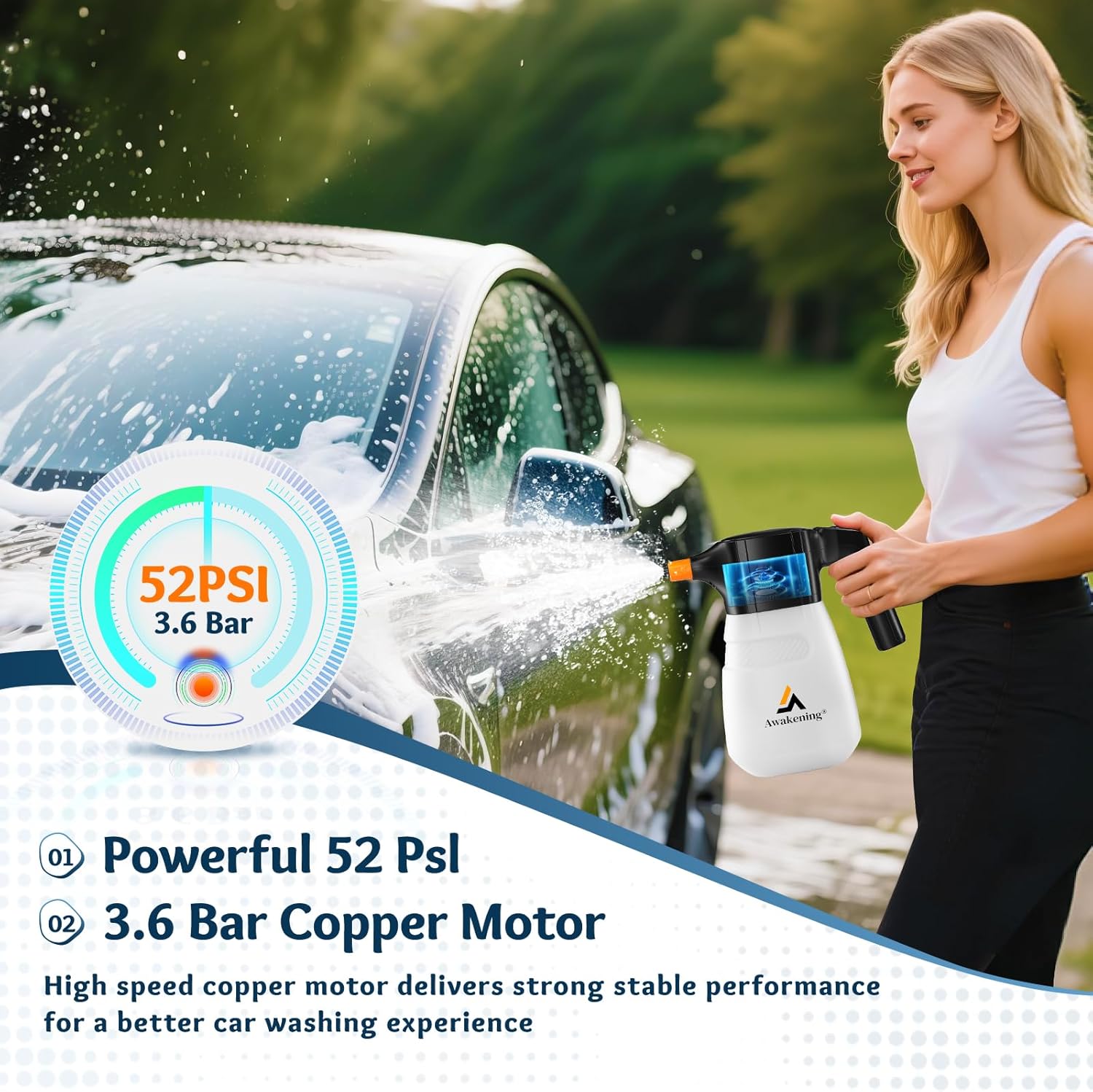 Awakening 2L Electric Foam Sprayer, Waterless Car Wash Kit, 68oz Cordless Rechargeable Battery Foam Blaster, 52PSI Portable Electric Foam Cannon for Auto Car Detailing (White)