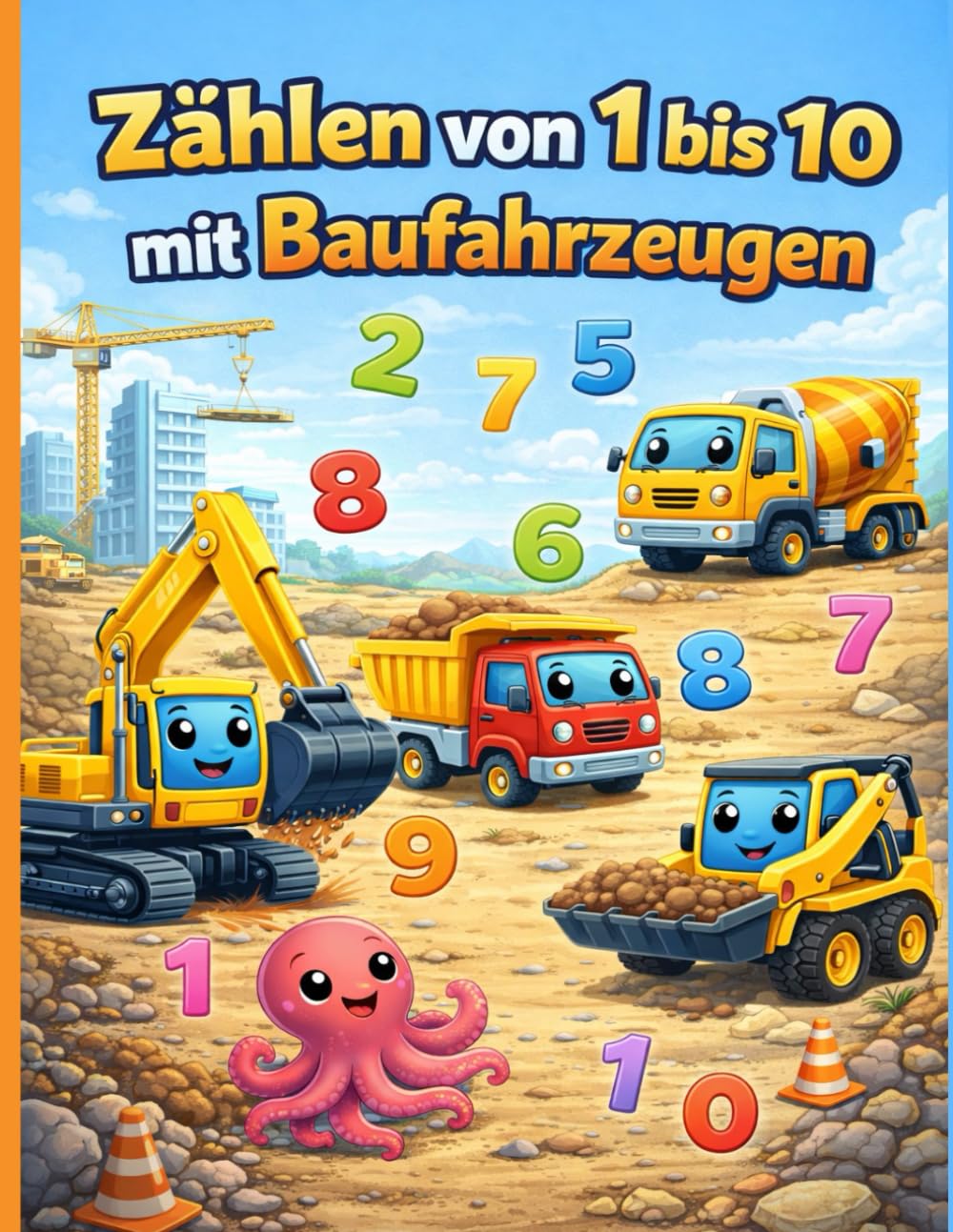 Zählen von 1 bis 10 mit Baufahrzeugen: Zähl- und Schreibübungen für Vorschulkinder von 3–5 Jahren