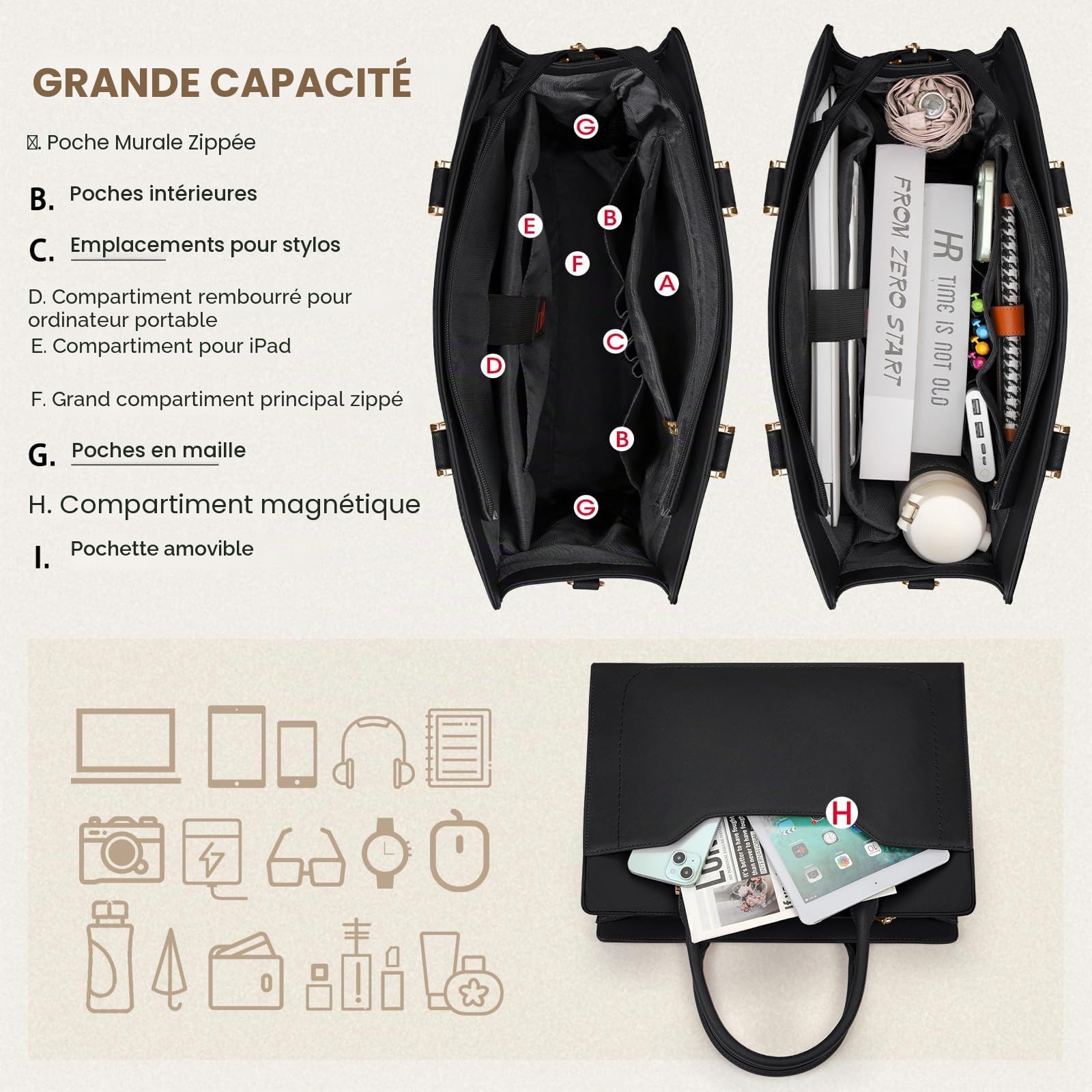 RAINSMORE Sac Cabas Femme Grand Sac A Main Pour Les Cours Lycee PU Cuir sac Fourre Tout Femme Sac Bandoulieres pour Cours Affaires Travail Noir