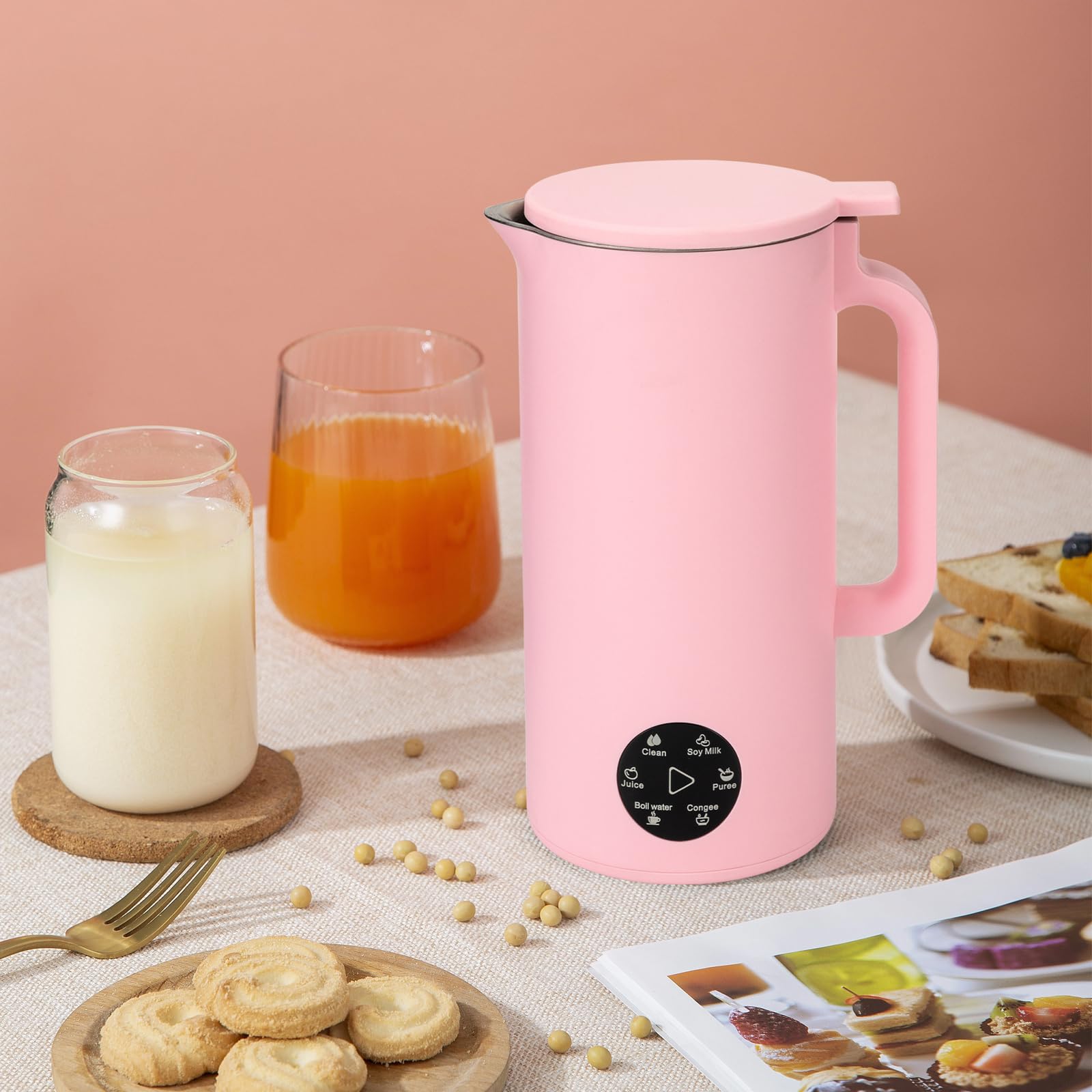 Mixeur et cuiseur à soupe en acier inoxydable - 350 ml - 6 programmes automatiques - Pour le lait de soja, le nettoyage, le jus, l'eau bouillante, les congeés et les purées - Rose