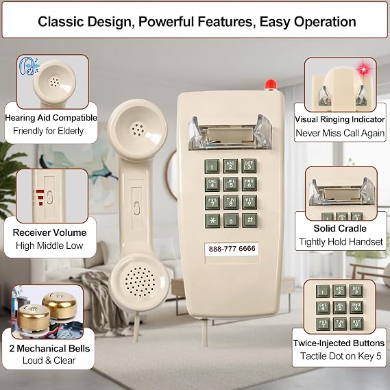 HTMengt Traditional Wall Phone Metal Bell,Classic 2554 Wall Telephone (Hearing Aid Compatible),Retro Wall Phone for Landline Visible Ringing Indicator, Old Wall Mount Telephone for Kitchen,Home,Beige