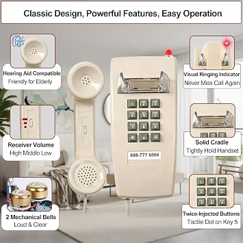 HTMengt Traditional Wall Phone Metal Bell,Classic 2554 Wall Telephone (Hearing Aid Compatible),Retro Wall Phone for Landline Visible Ringing Indicator, Old Wall Mount Telephone for Kitchen,Home,Beige