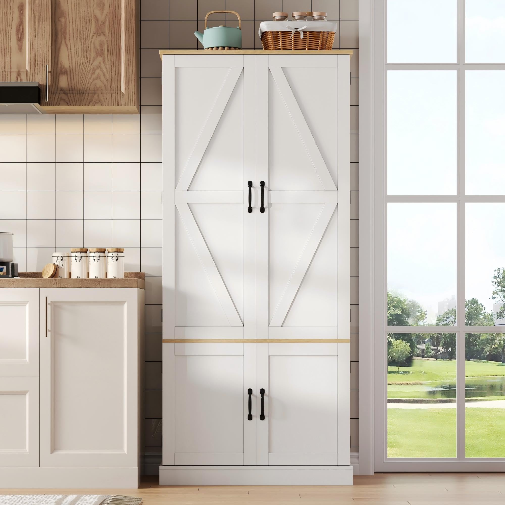 Merax Küchenschrank mit LED, Vorratsschrank mit 4-Türiger, 2 Schublade und Gewürzregal, Buffetschrank mit Höhenverstellbaren Einlegeböden, Küchenbuffet für Küche, 80×40×180cm, Weiß