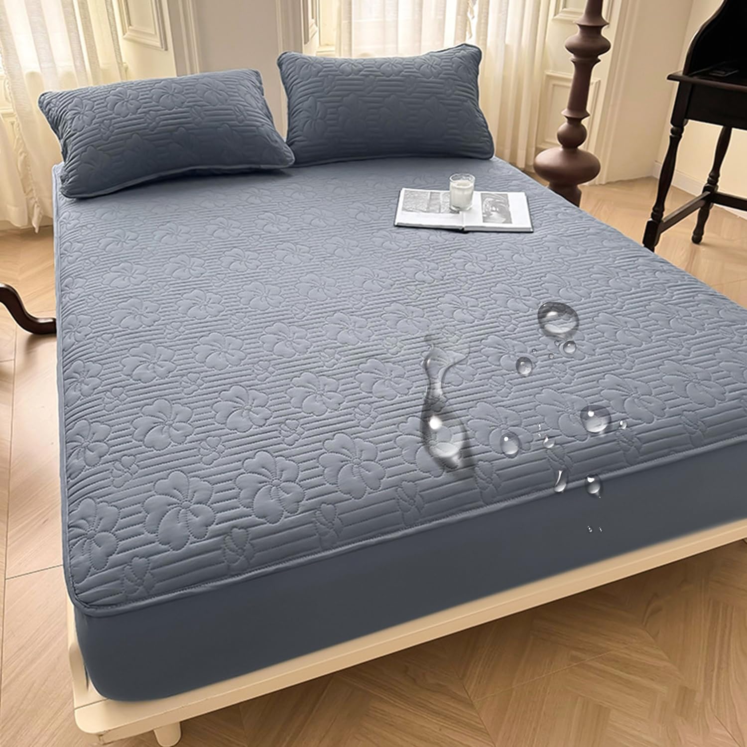 Wodoodporny pokrowiec ochronny na materac, bawełniany pokrowiec na materac w rozmiarze queen size, miękkie, wygodne prześcieradło z gumką na materac, głęboka kieszeń, 30 cm, ciemnoniebieski,