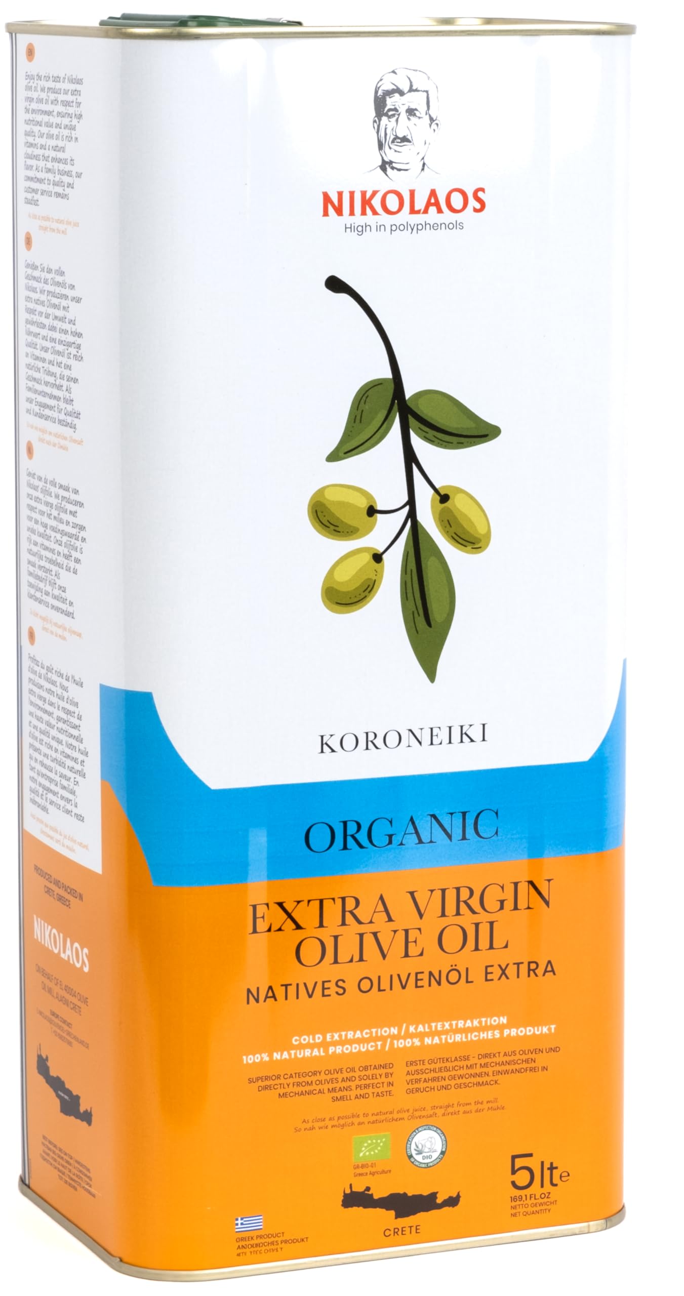 Bio Olivenöl 5L aus Kreta, Griechenland 'Nikolaos' – Premium-Qualität, reich an Polyphenolen, kaltgepresst, Extra Nativ.
