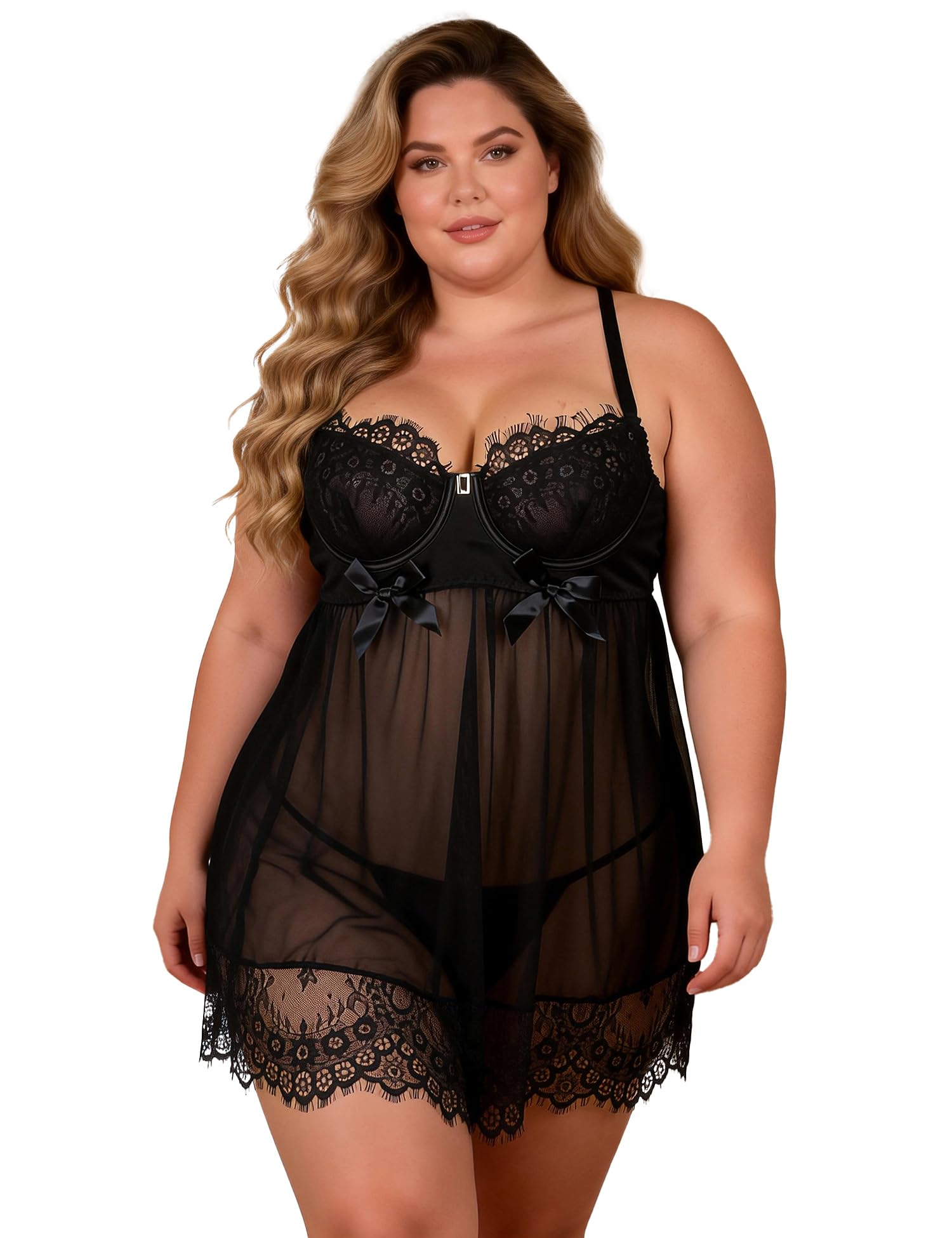 Nuisette Babydoll Sexy Grande Taille Avec Armature – Dentelle Sensuelle, Bretelles Croisées Dos Nu, Chemise De Nuit Hot Avec String Assorti