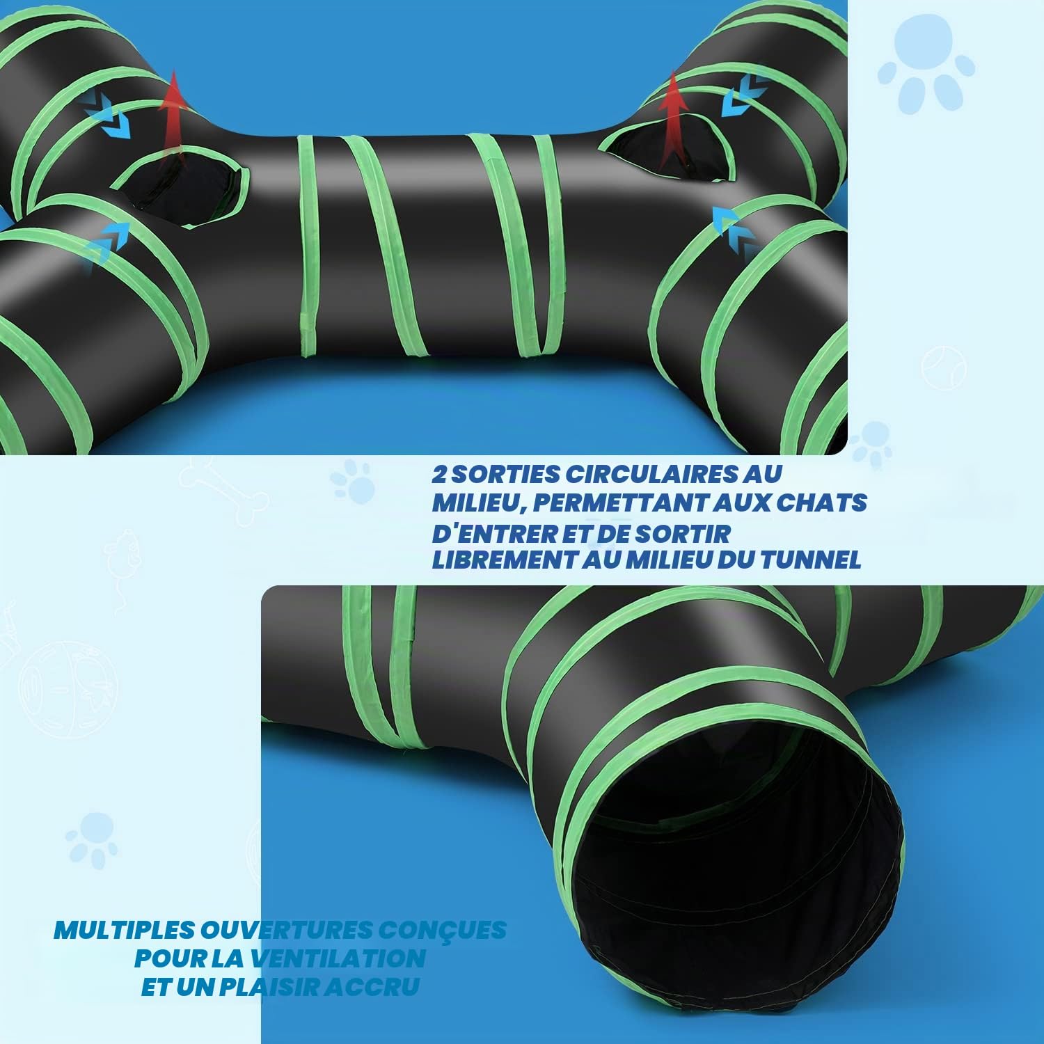 Tunnel de chat de type osseux amélioré, Tube de tunnel de jeu pliable à 4 voies pour chat avec sac de rangement pour chats, chiots, lapins, furets, cochons d'Inde, utilisation intérieure et extérieure