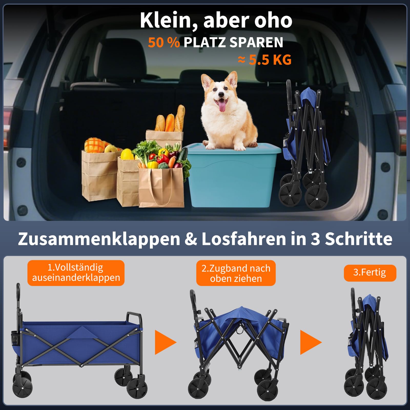 Bollerwagen Faltbar 220L, Klappwagen Bis 172 kg Traglast