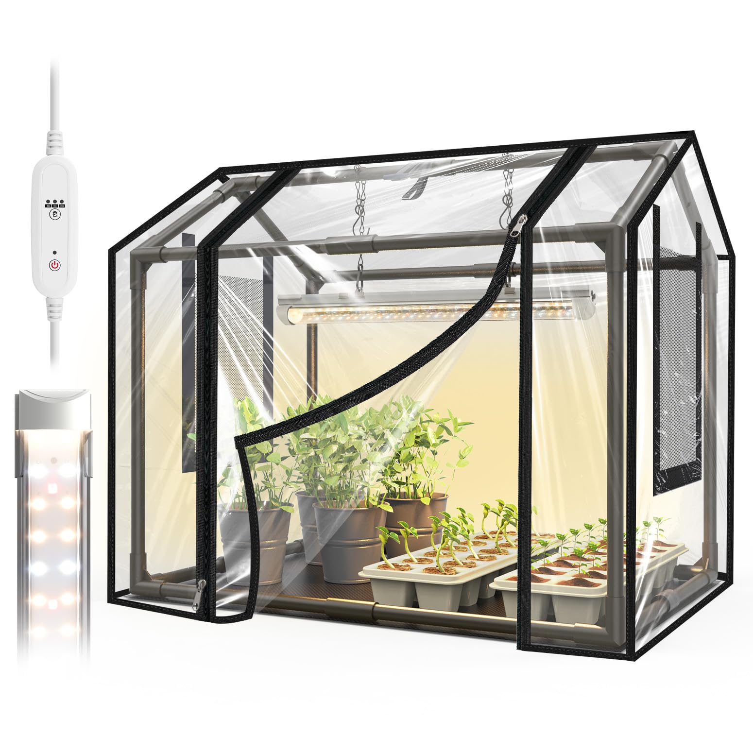 Bstrip Mini Gewächshaus Indoor mit Pflanzenlampe Vollspektrum, Zimmergewächshaus Pflanzenregal mit Timer (4/9/14H), Kleines Foliengewächshaus für Anzucht & Kräuter, wasserdichte Matte, 60x40x52cm