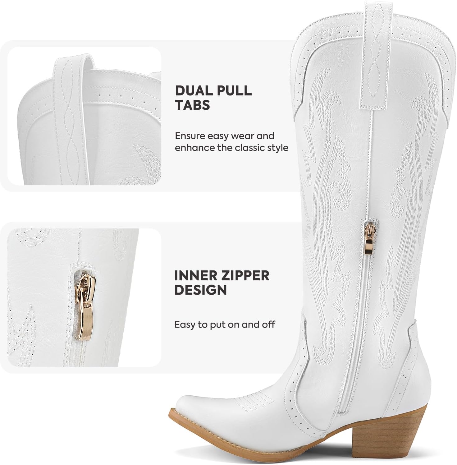 Rollda Cowboy Boots for Women Cowgirl Boots Embroidered Knee-High Western Boots Pointy Toe with Chunky Heel - Image 4