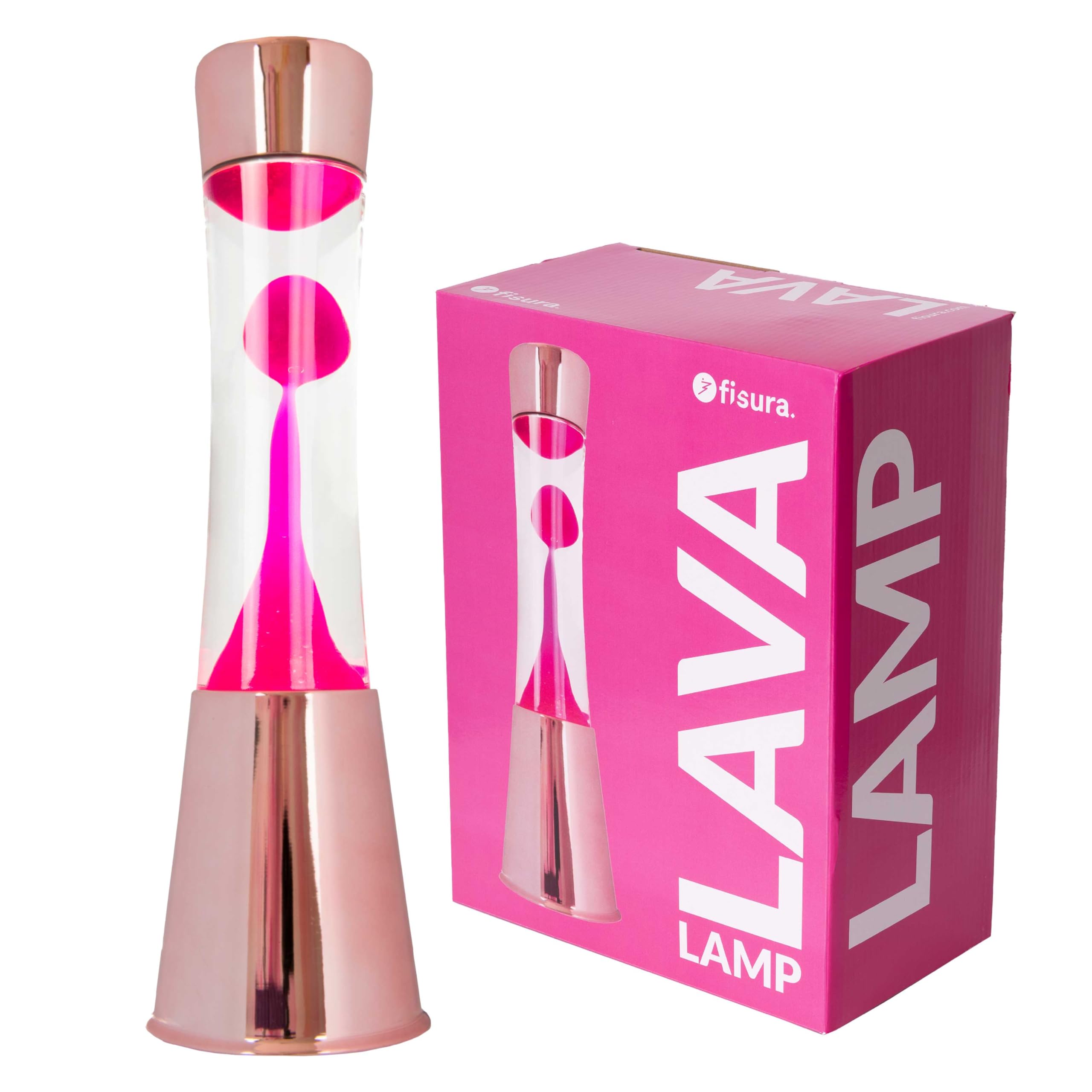 Fisura - Lámpara de lava rosa. Base cromada oro rosa, líquido transparente y lava. Lámpara efecto relajante. Con bombilla de repuesto. 11 cm x 11cm x 39,5 cm