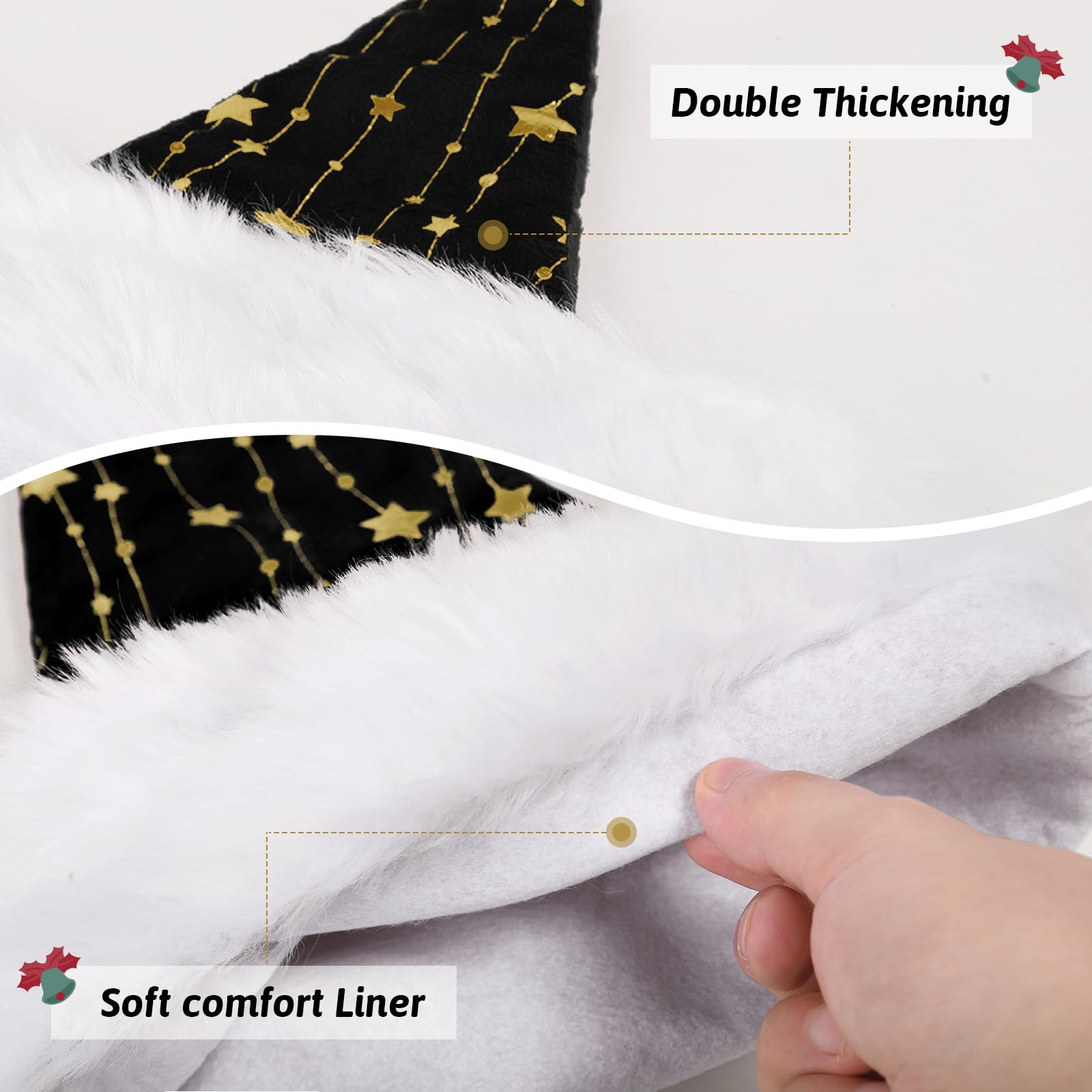 KONVINIT Black Santa Hat for Adults,Fluffy Christmas Hat with Gold Stars,Warm Large Xmas Hat for Men and Women,black - Image 3