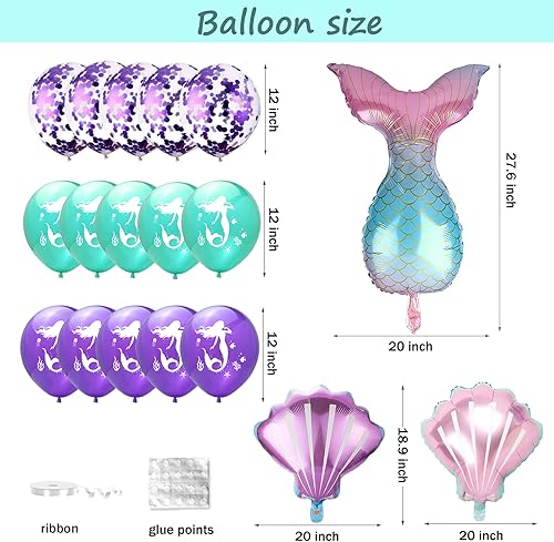 Miniatura 4 de Decoraciones de cumpleaños de sirena, suministros de fiesta de sirenita con abanicos de papel rosa, verde azulado y morado, pompones, globos,