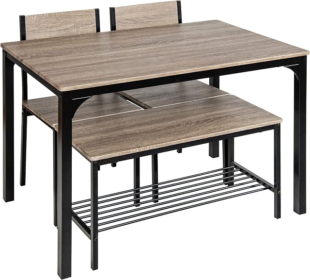 TANGZON 4-Piece Dining Room Set, Modern Kitchen Table and Chairs Set with Bench, Steel Frame Wooden Furniture Set for Living Room and Study (Grey)