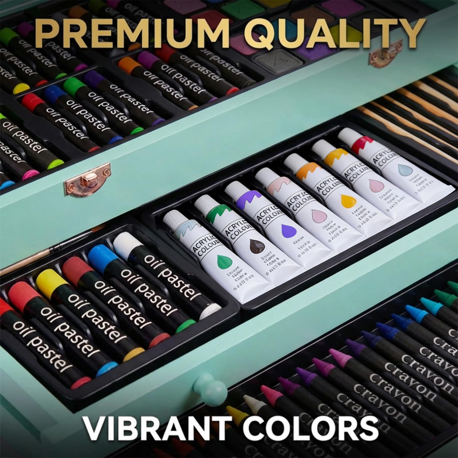 175-Pack Deluxe Wooden Art Set Drawing Painting Kit with 2 Drawing Pads, Acrylic Paints, Colored Pencils, Crayons, Paint Brush, Art Kit in Wooden Case, Gift for Artist, Adults, Teens and Kids