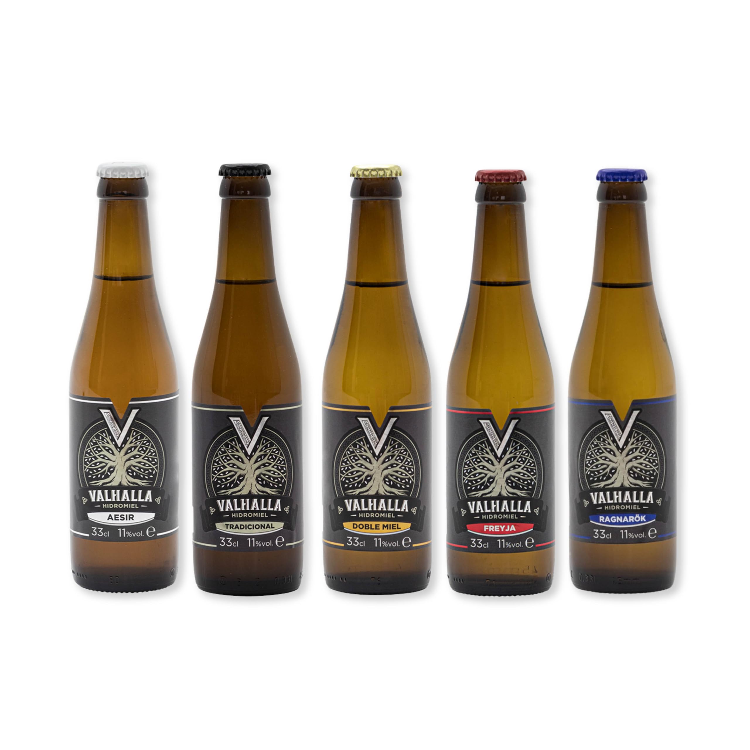 Valhalla Hidromiel Pack Degustación | Surtido 5 Variedades Estilo Cerveza Vikinga Sin Gluten ni Sulfitos | Miel de Flores con Sabores Artesanales | Selección Premium | 12 Botellines de 33cl