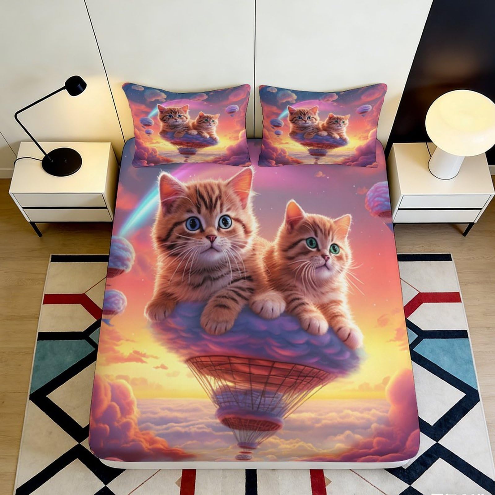 3D Printed Cute Cat Hot Air Balloon Fitted Sheet Microfiber Soft Breathable Sunset Sky Bed Cover for Bedroom Dormitory Guest Room Mattress Protection 120x200x25cm
