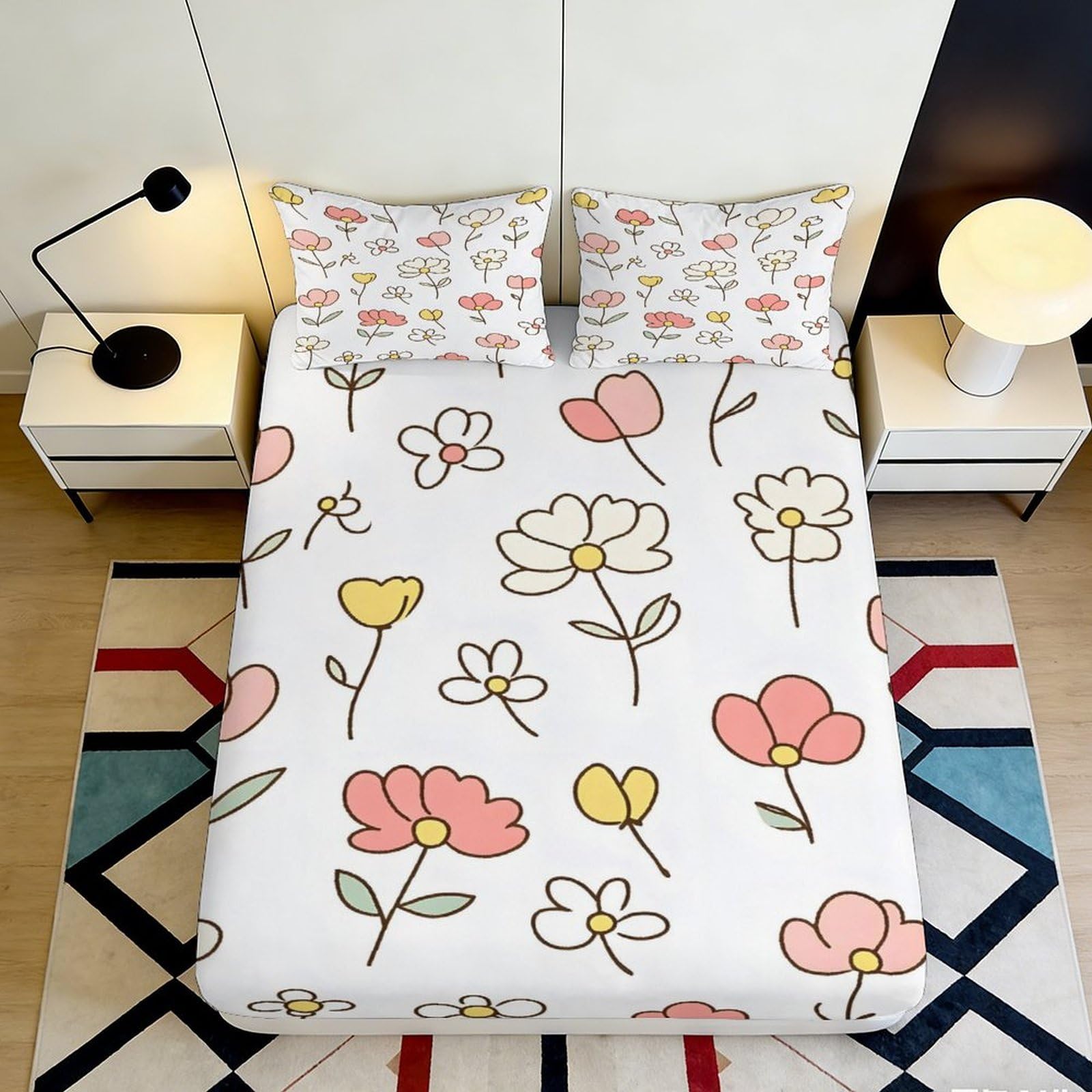 Pnayamiorkfel Style-5 3D Printed Pastel Floral Fitted Sheet Microfiber Soft Non-Slip Doodle Flower Bed Cover For Bedroom Guest Room 90X200x25cm