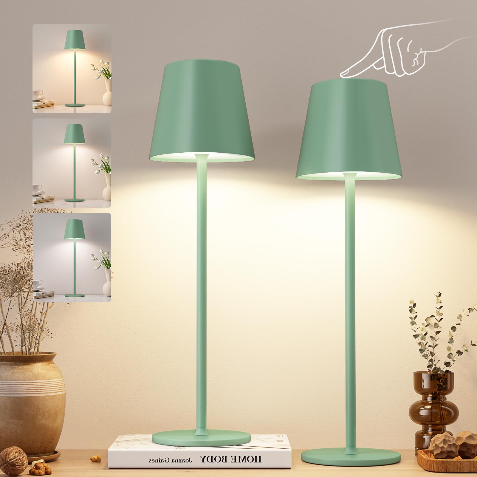Kakanuo Green Cordless Table Lamps, Rechargeable Lamp, Battery Operated Lamps, Touch Control Table Lamps, 3 Color Temperature, Stepless Dimmable, LED Portable Wireless Battery Lamp, Set of 2