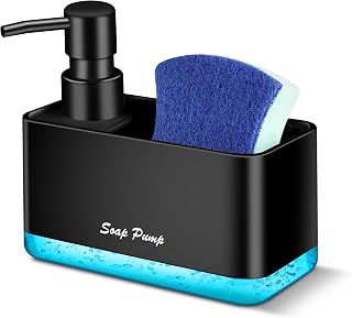 Eavida 2-in-1 Dish Soap Dispenser with Sponge Holder - Compact Countertop Pump for Kitchen Sink, Bathroom Hand Soap, Lotion (Black, 8.5oz)