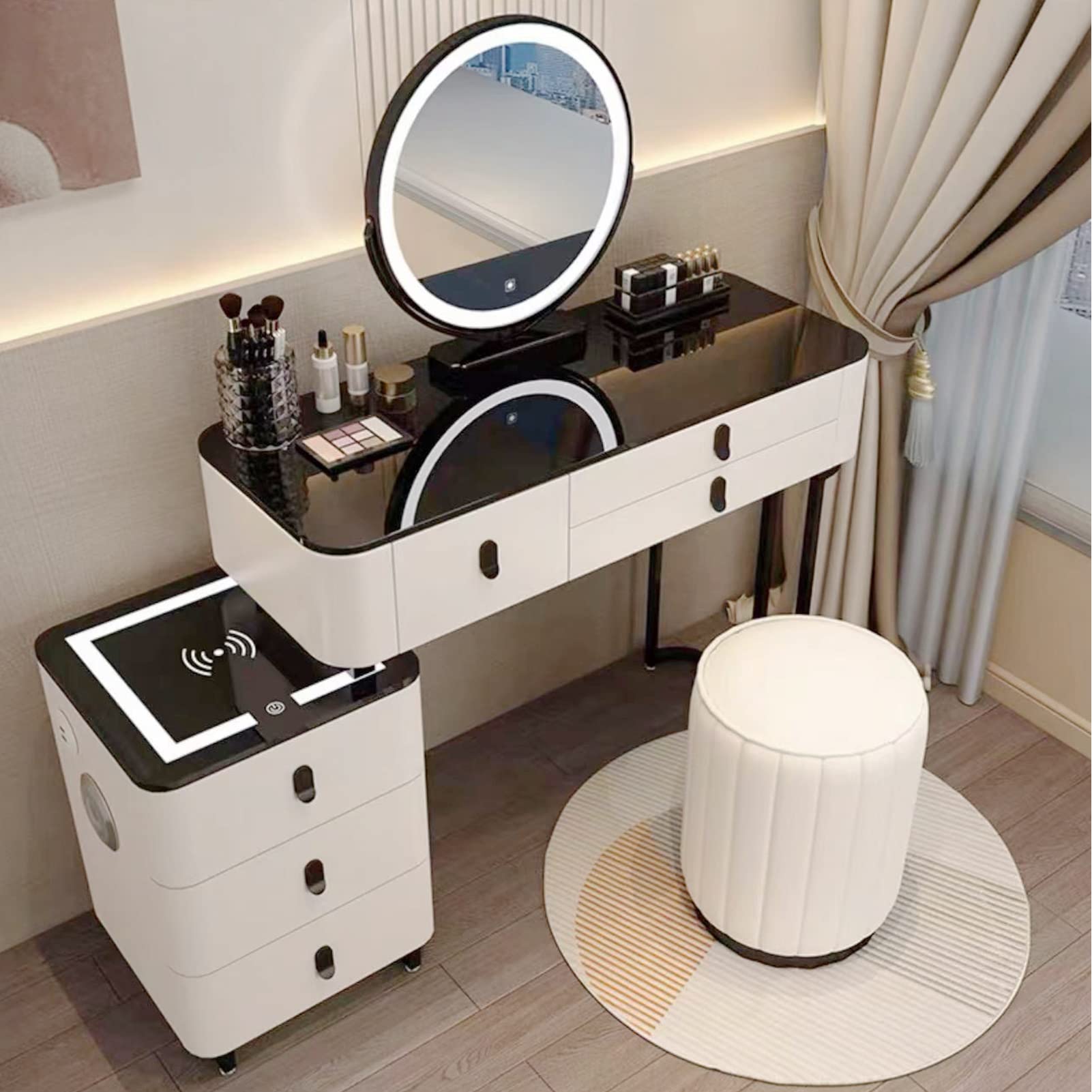 asdchZen White Makeup Vanity Desk Set With Cushioned Stool, Lighted Mirror, Tempered Glass Top, Movable Drawer Chest, Charging Station, 100Cm Dressing Table,White+glass a-80cm/31.5in