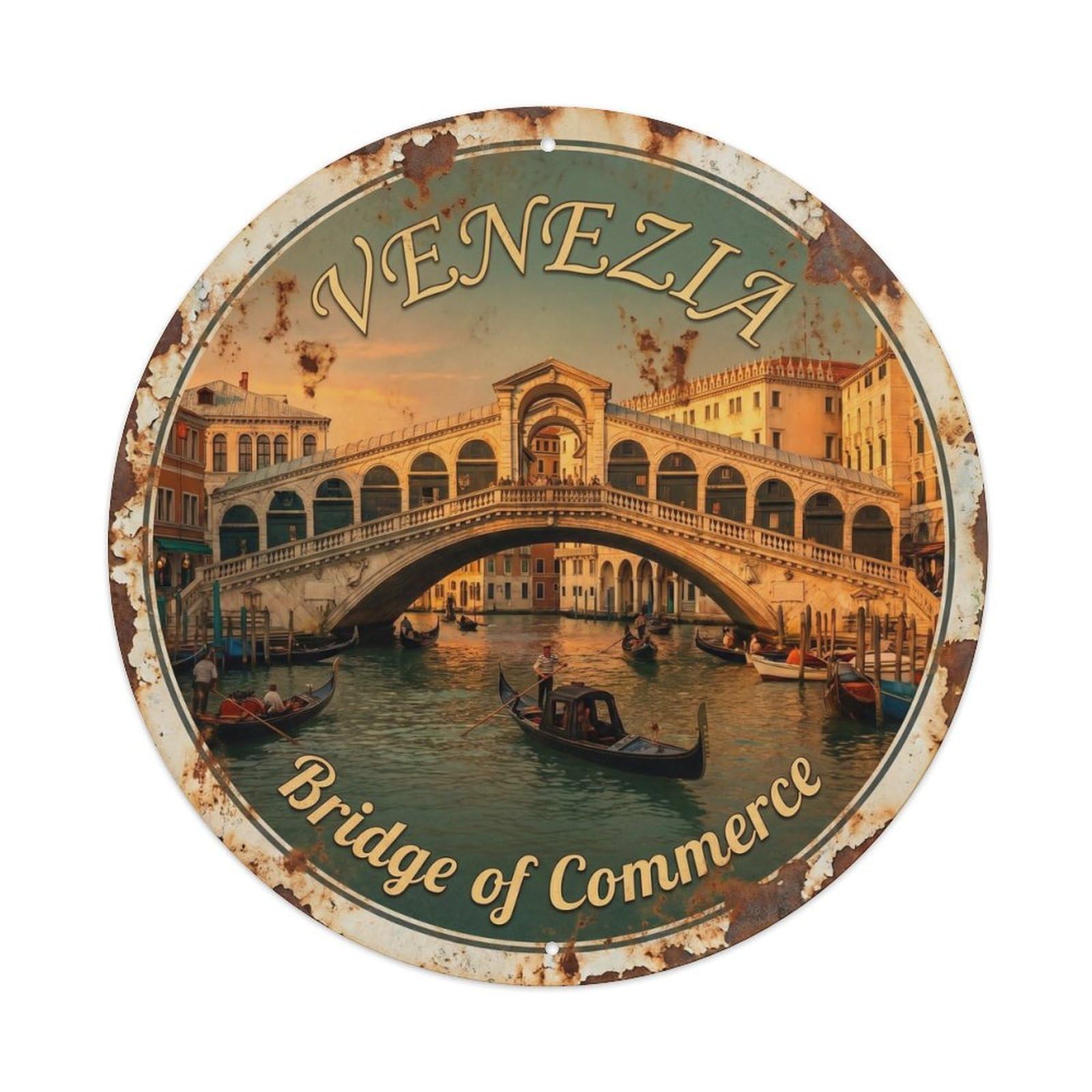 Vintage Travel Venice Rialto Bridge Metal Tin Sign Plaque Wall Decor for Cafe, Club, Garden Round Metal Poster 8x8Inch