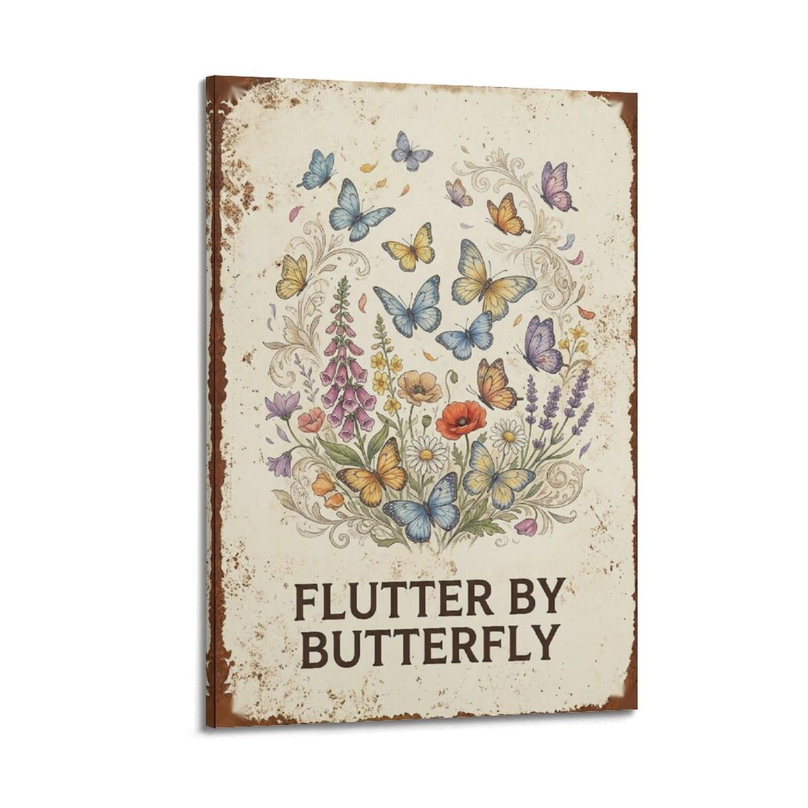 OKAHYS Butterfly Garden Country Rustic Poster Wings Journey Modern Decorative Canvas Prints - Ideal Wall Art for Family, Man Cave, Game Room, Boys & Girls Bedroom 24x36inch
