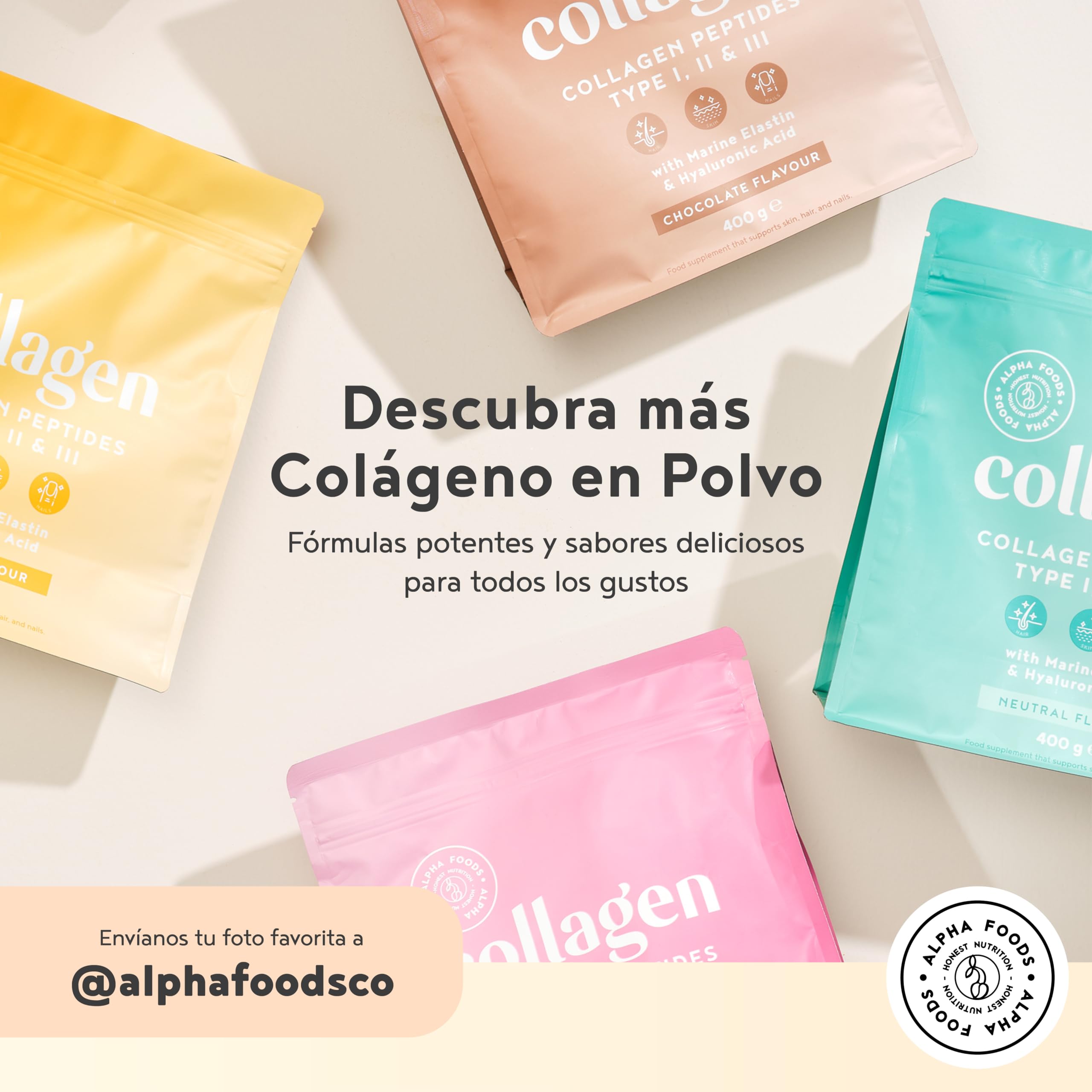 Colágeno en Polvo 400g | Péptidos de Colageno Hidrolizado con Acido Hialuronico y Elastina Marino | Collagen Peptides Tipos I, II, III | Sabor Vainilla | Alpha Foods