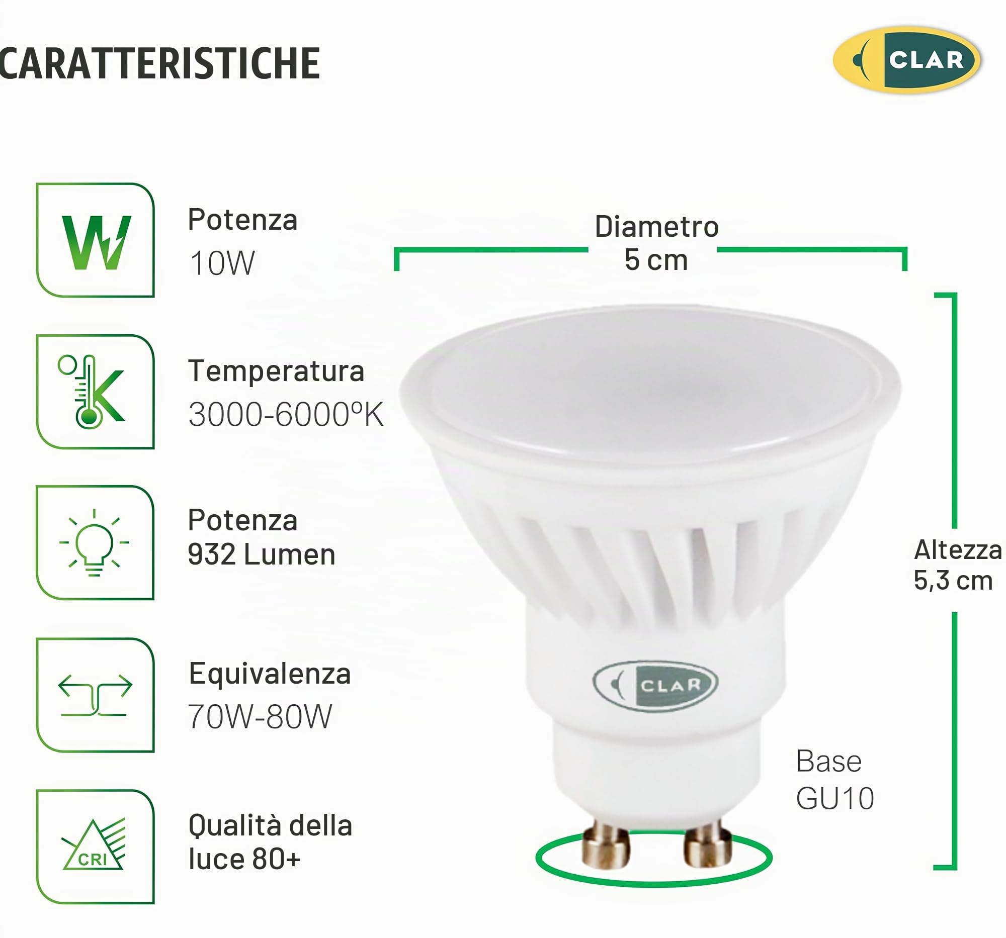 CLAR - Lampadine GU10 LED, Faretti GU10, GU10 LED 3000K 10W (Pack 10)