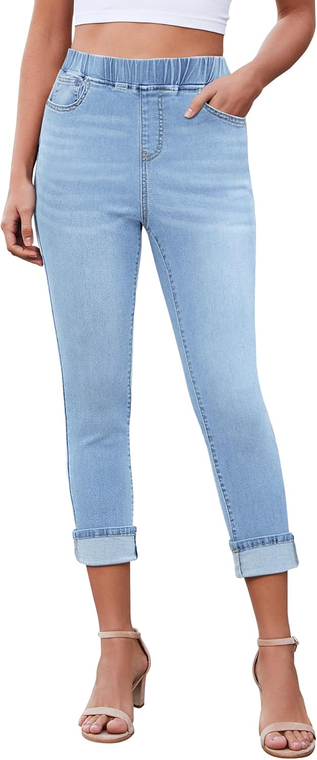 LookbookStore Capri Jeans for Women High Waisted Pull On Elastic Wasit Stretchy Denim Capris Jeggings Summer Jeans Pants