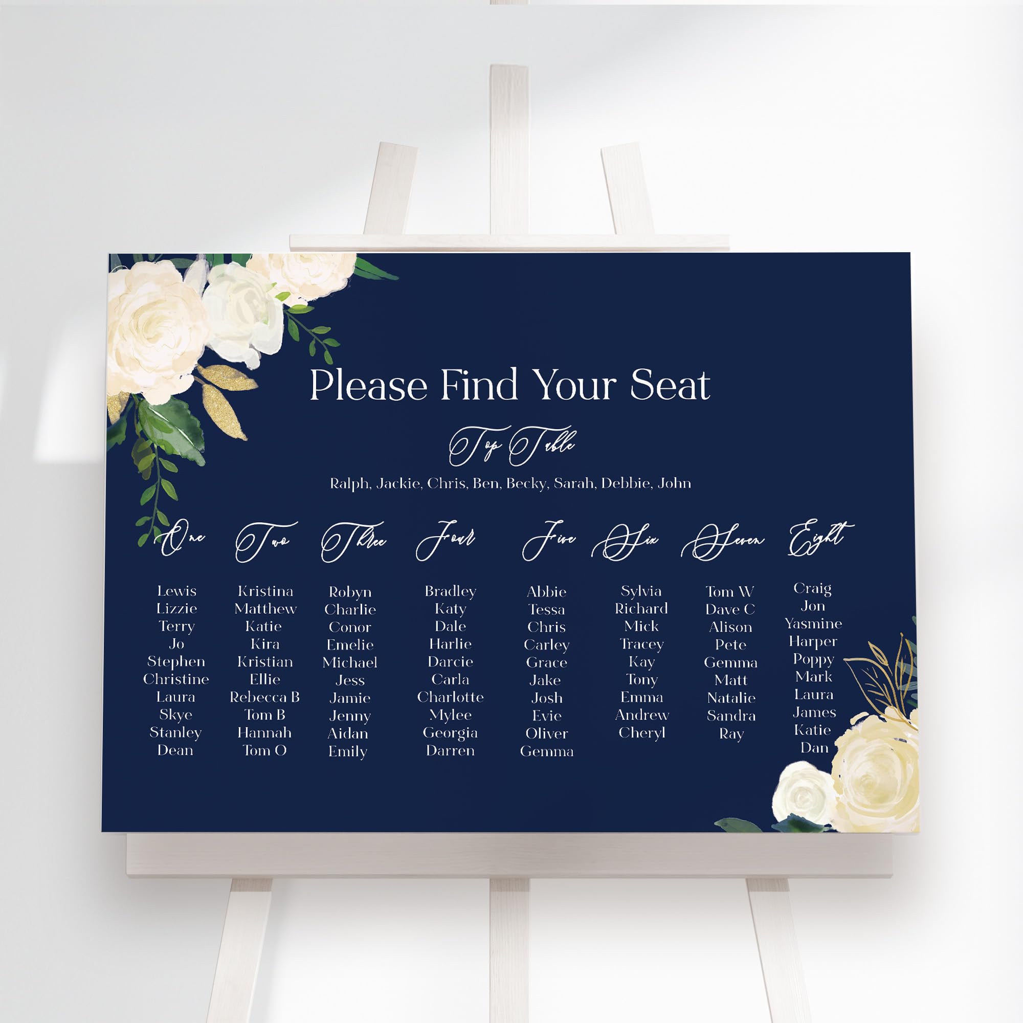 Personalised Navy and Gold Wedding Seating Plan – Dark Blue Floral Table Chart – Elegant Ivory Rose Botanical Reception Sign, A3, A2, A1, Premium Foamboard