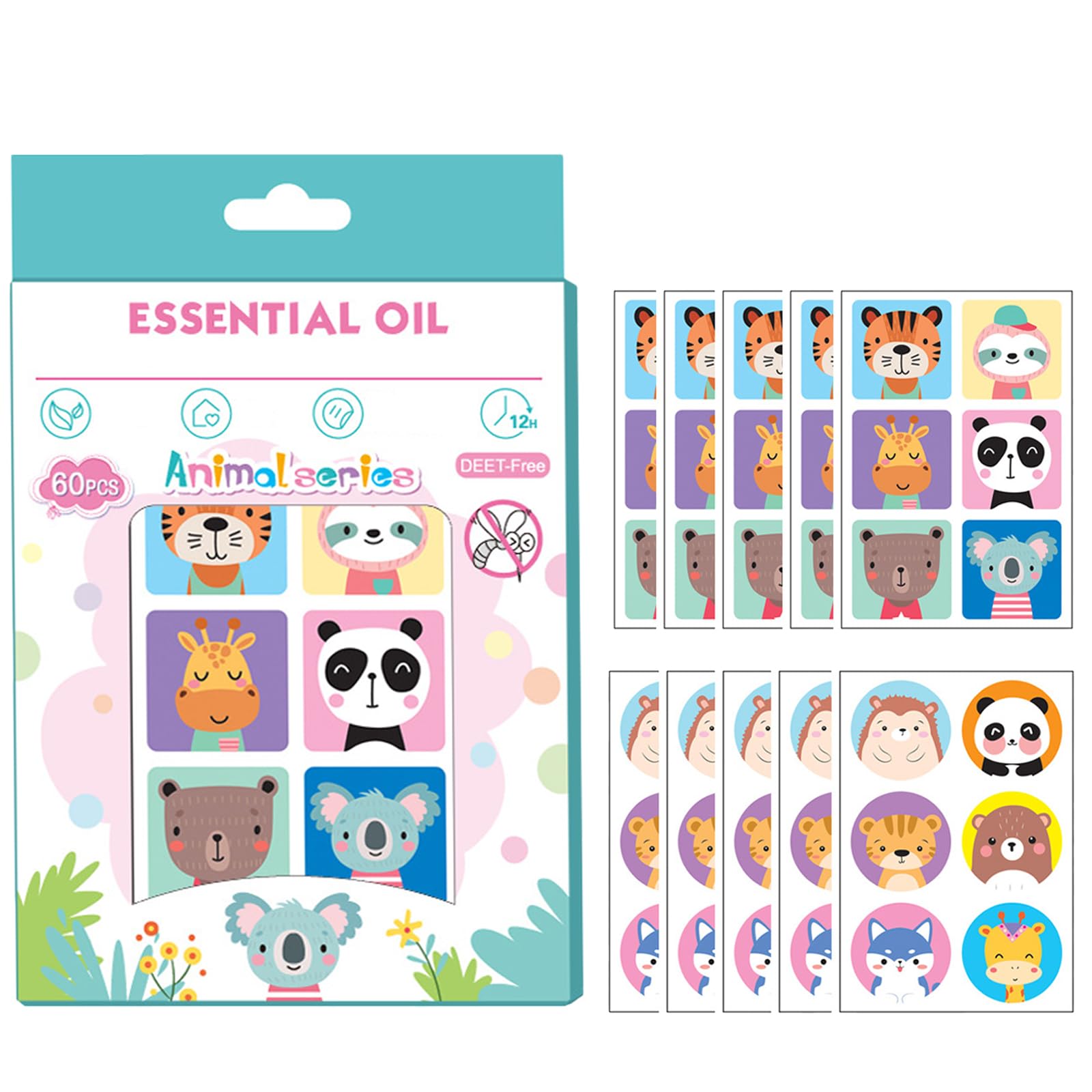 60 Parches Antimosquitos con Diseño Infantil, Pegatinas Repelente de Mosquitos de Dibujos Animados, Ideal para Acampadas, Senderismo y Aire Libre (Animales)