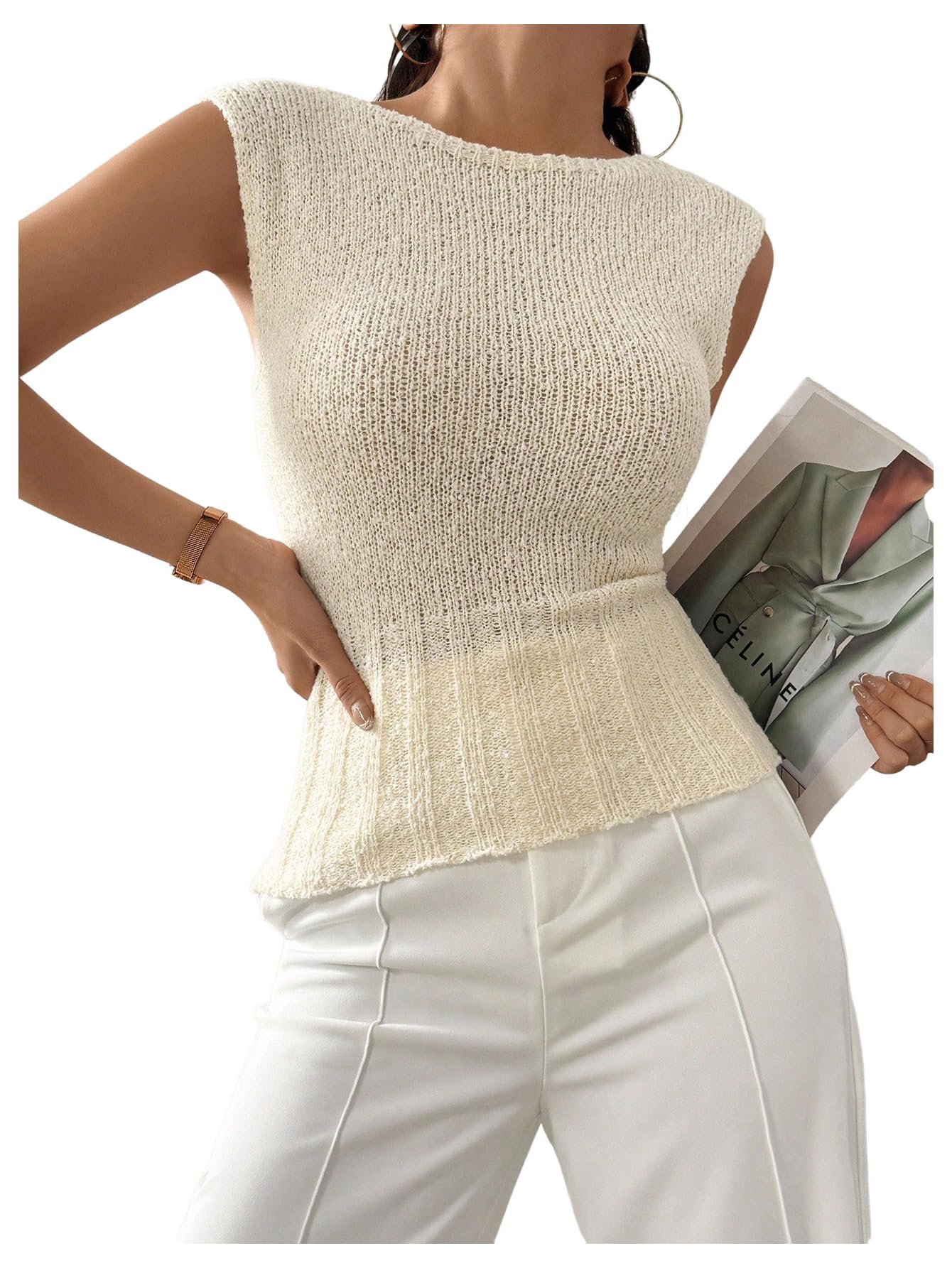 MakeMeChic Womens Crochet Sweater Vest Crew Neck Sleeveless Fitted Going Out Pullover Tops